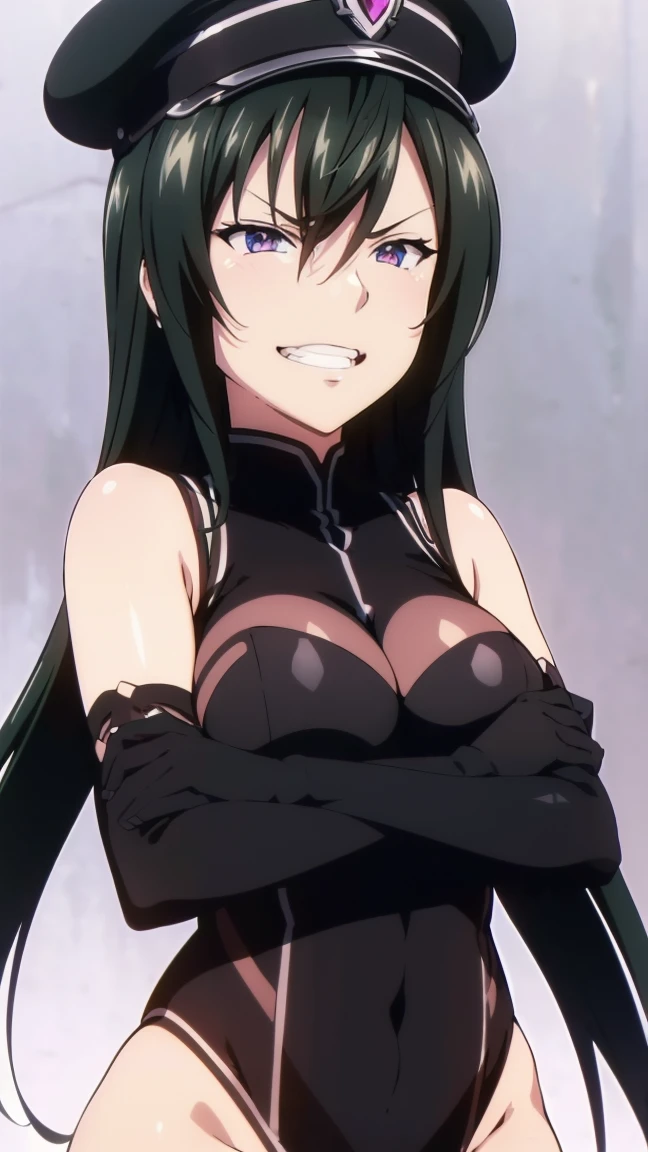 beautiful, masterpiece, ultra detailed, extremely detailed, ultra high res, 8k, beautiful detailed face, anime screencap, heart shaped face woman, (black hair:1.2), long hair, hair between eyes, large breasts, fearless face, sharp face, slant eyes, cat eyes, 170cm tall, adult, perfect proportion, (((black high-leg leotard))), (((dare shoulder))), cleavage, (((thigh boots))), choker, (((military cap))), anime style, ultra detailed beautiful face and eyes, front view, raw phot, incredibly absurdres, Beautiful portrait of cute anime girls, super fine illustration, full-hd, hdr, best aesthetic, distinct, exquisite, masterwork, by famous artist, highers, (((perfect anatomy))), mocking, (((rape face))), (((evil grin))), intense eyes, sadistic, gleaming skin, oil skin, slut face, full-face blush, smirking, mischievous grin, furrowed mouth, both legs, pouty lips, downturned corners, rosy hue, grin widely, cheeky smirk, (((bad-tempered glare))), gloating, crazy smile, scary face, cruel smile, fang, connected teeth,, (((elbow gloves))), (((big connected teeth)), glare, grimace, smirk, (((scowling face))), smile broadly, symmetrical eyes, even eyes, perfect eyes, (((squinting eyes))), deep detailed eyes, shiny clothes, 1girl, solo, smug, smile grimly, (((dimpled smile))), pink eyes, (((upper body shot and standing))), (((laugh))), (((pleasure face))), (((brutality face))), (((scary face))), (((fang))), shiny hair,  chubby breasts, 