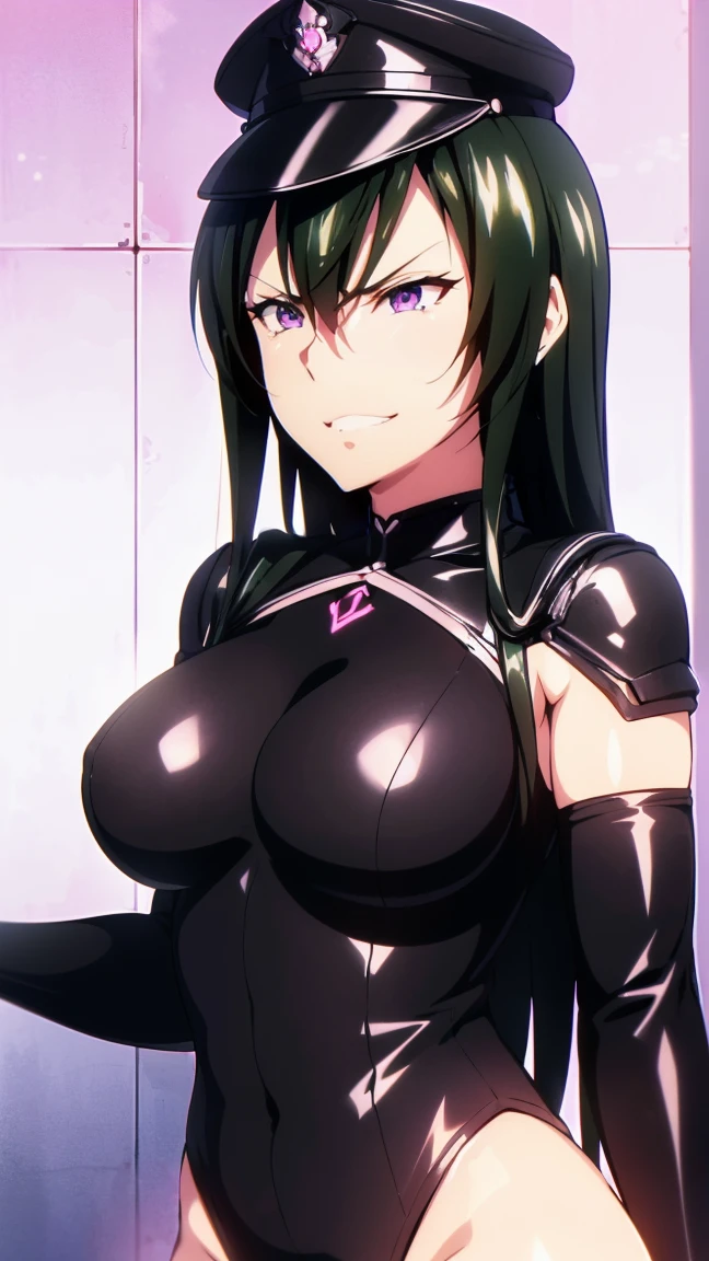 beautiful, masterpiece, ultra detailed, extremely detailed, ultra high res, 8k, beautiful detailed face, anime screencap, heart shaped face woman, (black hair:1.2), long hair, hair between eyes, large breasts, fearless face, sharp face, slant eyes, cat eyes, 170cm tall, adult, perfect proportion, (((black high-leg leotard))), (((dare shoulder))), cleavage, (((thigh boots))), choker, (((military cap))), anime style, ultra detailed beautiful face and eyes, front view, raw phot, incredibly absurdres, Beautiful portrait of cute anime girls, super fine illustration, full-hd, hdr, best aesthetic, distinct, exquisite, masterwork, by famous artist, highers, (((perfect anatomy))), mocking, (((rape face))), (((evil grin))), intense eyes, sadistic, gleaming skin, oil skin, slut face, full-face blush, smirking, mischievous grin, furrowed mouth, both legs, pouty lips, downturned corners, rosy hue, grin widely, cheeky smirk, (((bad-tempered glare))), gloating, crazy smile, scary face, cruel smile, fang, connected teeth,, (((elbow gloves))), (((big connected teeth)), glare, grimace, smirk, (((scowling face))), smile broadly, symmetrical eyes, even eyes, perfect eyes, (((squinting eyes))), deep detailed eyes, shiny clothes, 1girl, solo, smug, smile grimly, (((dimpled smile))), pink eyes, (((upper body shot and standing))), (((laugh))), (((pleasure face))), (((brutality face))), (((scary face))), (((fang))), shiny hair,  chubby breasts, 