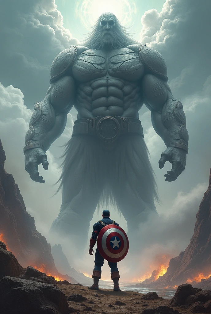 Highest resolution, view from the left side, shades of black, 1 man, upper-body shot, paint man only with shades of black and red, volcano in background, close-up, angered face, shirtless, muscular physique, less detailed