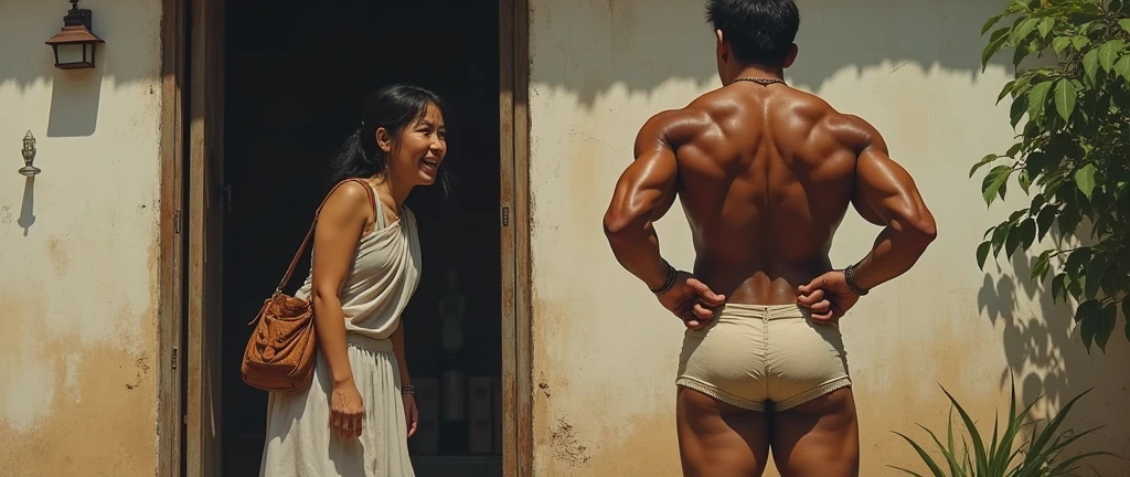 a beautiful naked Indonesian girl, sweaty, bodybuilder, and hairy armpits, being carried by two men