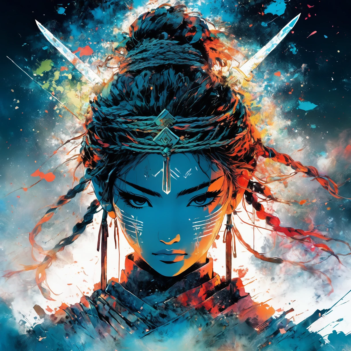 poster of warrior goddess, standing alone on hill, centered, detailed gorgeous face, anime style, key visual, intricate detail, highly detailed, breathtaking, vibrant, panoramic, cinematic, Carne Griffiths, Conrad Roset, Makoto Shinkai