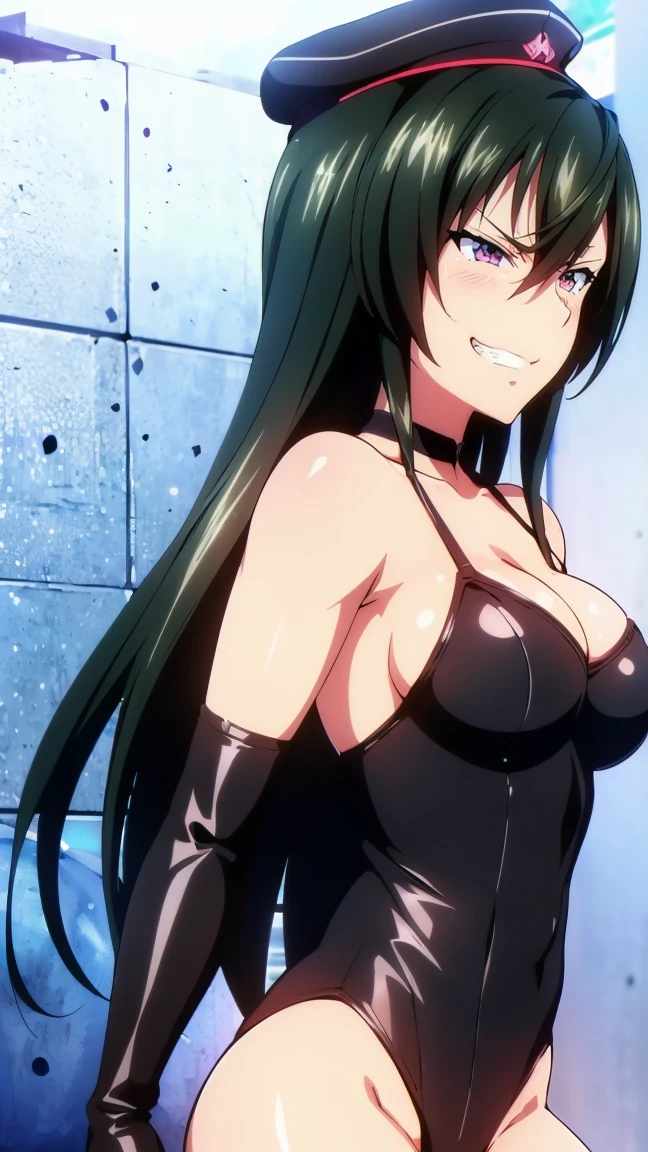 beautiful, masterpiece, ultra detailed, extremely detailed, ultra high res, 8k, beautiful detailed face, anime screencap, heart shaped face woman, (black hair:1.2), long hair, hair between eyes, large breasts, fearless face, sharp face, slant eyes, cat eyes, 170cm tall, adult, perfect proportion, (((black high-leg leotard))), (((bare shoulder))), cleavage, (((thigh boots))), choker, (((military cap))), anime style, ultra detailed beautiful face and eyes, front view, raw phot, incredibly absurdres, Beautiful portrait of cute anime girls, super fine illustration, full-hd, hdr, best aesthetic, distinct, exquisite, masterwork, by famous artist, highers, (((perfect anatomy))), mocking, (((rape face))), (((evil grin))), intense eyes, sadistic, gleaming skin, oil skin, slut face, full-face blush, smirking, mischievous grin, furrowed mouth, both legs, pouty lips, downturned corners, rosy hue, grin widely, cheeky smirk, (((bad-tempered glare))), gloating, crazy smile, scary face, cruel smile, fang, connected teeth,, (((elbow gloves))), (((big connected teeth)), glare, grimace, smirk, (((scowling face))), smile broadly, symmetrical eyes, even eyes, perfect eyes, (((squinting eyes))), deep detailed eyes, shiny clothes, 1girl, solo, smug, smile grimly, (((dimpled smile))), pink eyes, (((upper body shot and standing))), (((laugh))), (((pleasure face))), (((brutality face))), (((scary face))), (((fang))), shiny hair, chubby breasts, light eyes, clear eyes, shiny eyes, 