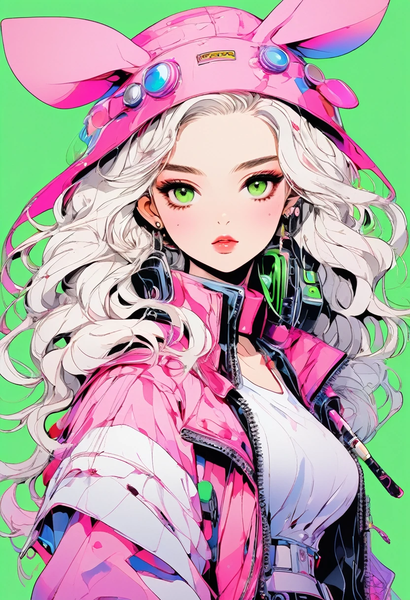 (Highest quality:0.8), (Highest quality:0.8), Perfect illustration,Beautiful woman portrait、One girl, bangs, Black nails, blondes,  [[clavicle, ear Earrwgs, Earrwgs, Fashion G, Hydrangea hair accessory,  Jacket, jewelry, lookwg at wiewer, Medium Hair, Manicure, necklace, Earrwgs, short hair, Hydrangea Earrwgs、Hydrangea Pendant, sleewes past wrists, One person, Both sides up, Upper Body, w, Pop Background、Droopy eyes、Celebrity Hat、Pwk gradient hair color、rawy season、buzzer、Full Length, ((Illustrator)), Flat Color, Anime Style, Sketch, Space, Spacesuit, 1girl, Shiny Lip, Jersey Wear, Order, Very Modern and Stylish Asymmetrical Hair, Purple ((Gradient)) Background, Neon Hair, Texture Crop, ( masterpiece, top quality), portrait, ((dynamic angle)), close up girl, looking awaysolo, 1girl(fluffy white clothes, rabbit ear, long white hair, chibi, full body), BREAK,(8k, wallpaper of quality(8k, wallpaper of extremely detailed CG unit, masterpiece, hight resolution, top-quality, top-quality real texture skin, ultra-real,high quality,RAW photo,highest quality,high definition,wallpaper,cinematic lighting,ray tracing,golden ratio,3D Game Animation,cyberpunk pretty face sniper with machine gun,pink and green hair,full body,holding rifle,casual clothes,all neon,fashion,holding machine gun in both hands,AI big breasts holding gun, AI big breasts, , cyberpunk game, high detail, art station, 8k, bright lighting, very beautiful face, fighting Translated with DeepL.featuring (free version)(masterpiece, highest quality), 32K,(highly detailed beautiful woman), posters,sf,1960s,1970s,Bauhaus, shape, abstract, Advertisement,movie posters, vintage,retro,futuristic,アニメ,ultimate map,Perfect rainbow,highlight,highly detailed eyes,