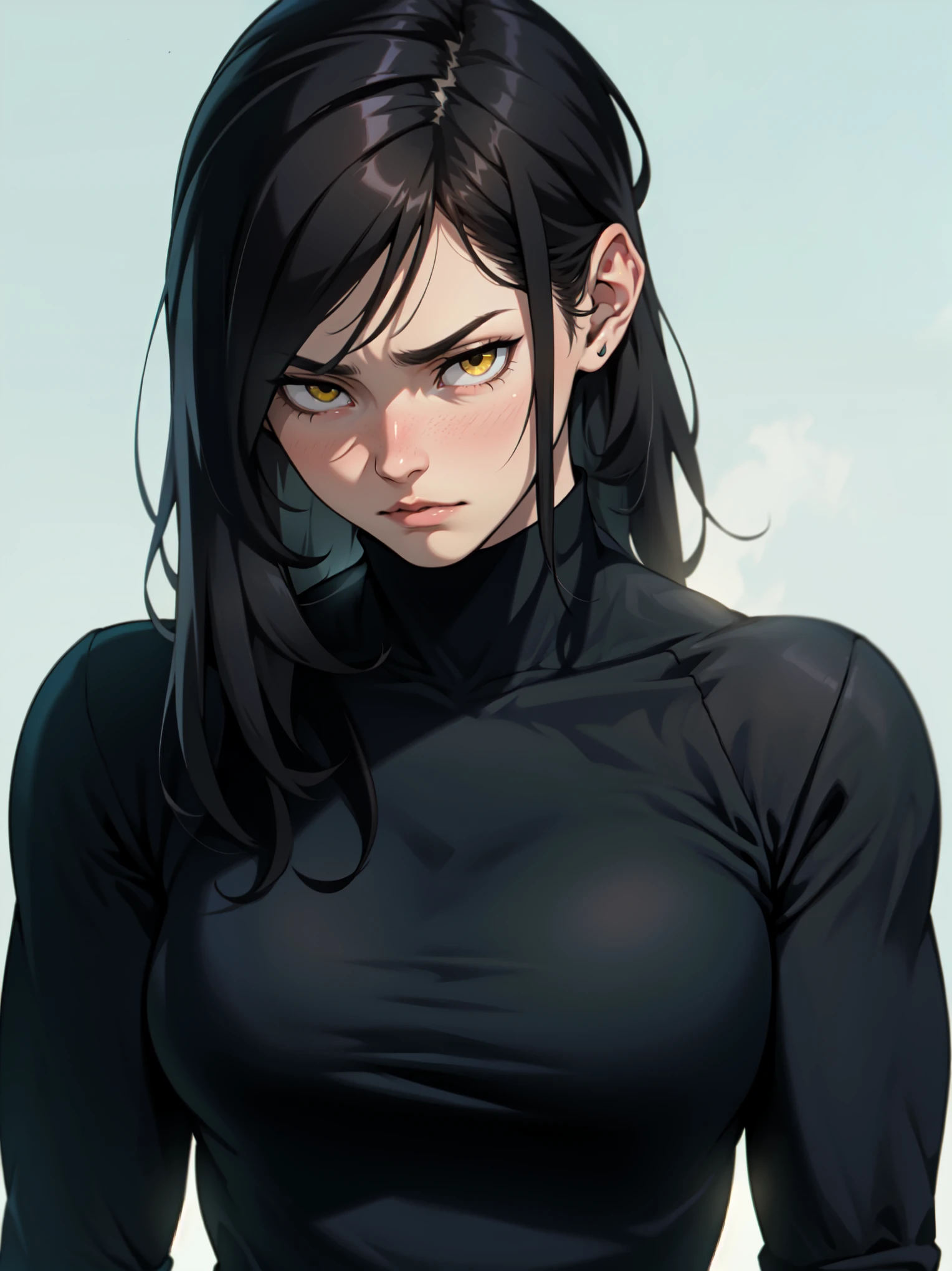 muscular woman with large breasts black hair yellow eyes pale skin empty eyes sad expressionless