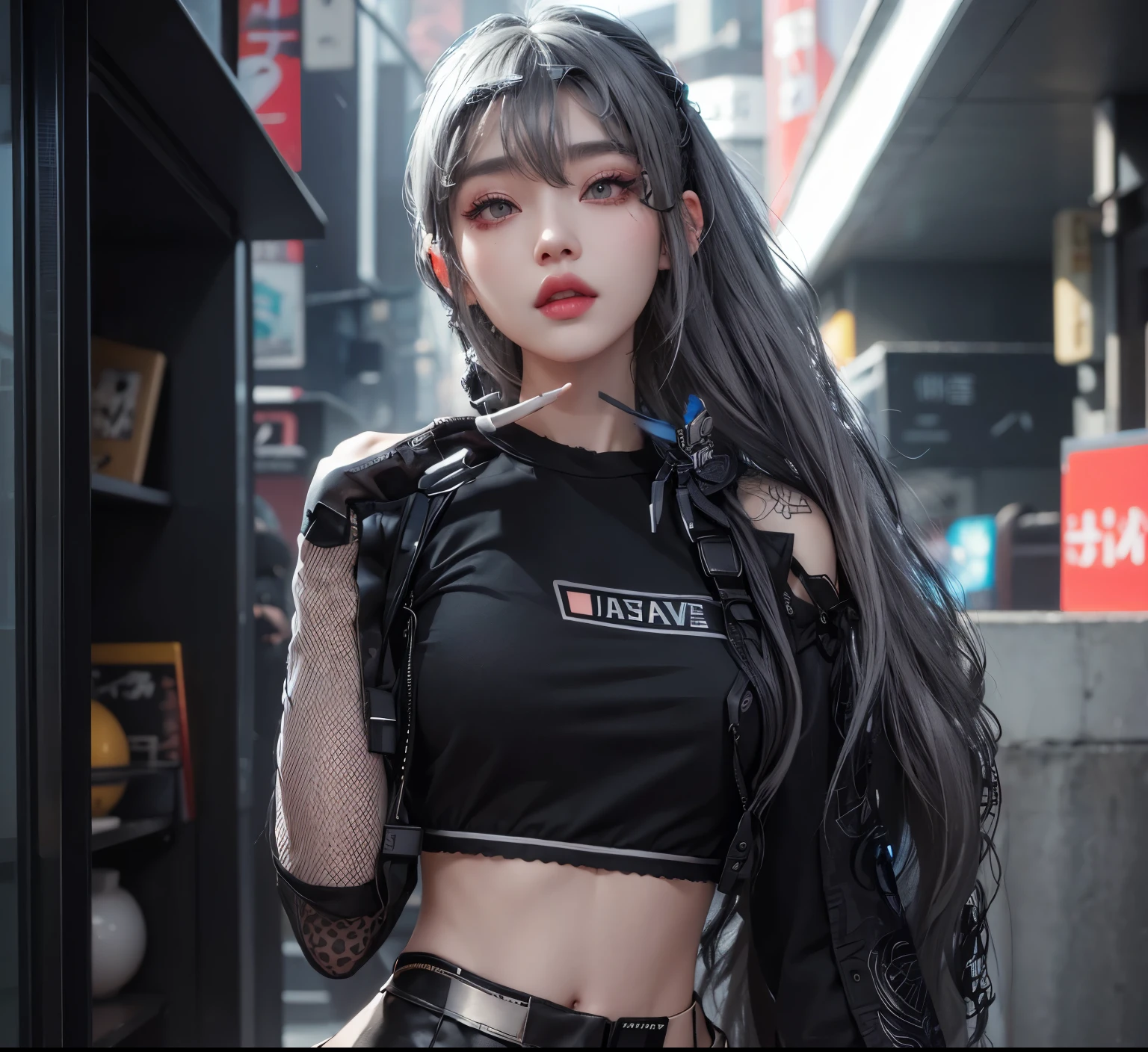 Beautiful college girl in the city,masterpiece,light makeup,Red lips,Silver Hair,Disheveled long hair,Street background,Grace,Grace。超微細ディテールのmasterpiece,Authentic texture,Realism in film lighting,Perfect piece,8k,khd,Delicate facial features,White skinny turtleneck top,white skinny shorts,Slim figure,Big bright eyes,Smooth Skin,Ear discharge,Choker Necklace,(((He has many tattoos all over his body)), (((Tight waist))), ((Big Breasts)),(See through),panties,(NSFW:0.8)