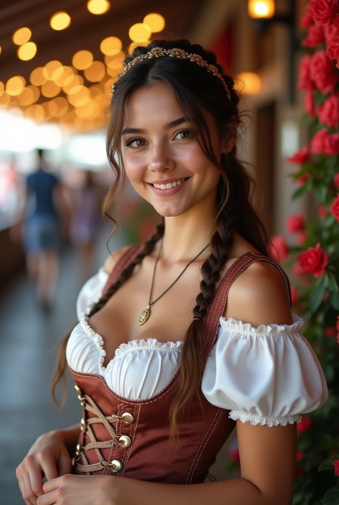 (masterpiece, best quality:1.5), highest quality, High resolution, super detailed, Realists, Transformation story. Magic in the air, Upper body photo of a boy, who was transformed into a 16-year-old black-haired girl, detailed and beautiful eyes, beautiful detailed lips, very detailed eyes and face, longeyelashes, A in a beautiful short shiny satin Dirndl, Details in the dress fabric, Beautiful and colorful makeup, elegant and noble々Pose, Sharpen the hair, ponytail hairstyle, Munich as a backdrop, bright daylight, bright colors, fine brushstrokes, Portrait style, beautiful color palette, glowing skin, First-class rendering, that captures every detail, enchanting atmosphere, (perfect anatomy:1.2), (The stunning girl wears a beautiful short silver dirndl. smiling in love and full of joy at the festival, nice legs. She sits on the fountain and presents, Happy. A boy throws a coin in the fountain and wishes, To be a girl, and his wish comes true. He transforms into a young girl in a beautiful Dirndl and is Happy with flushed cheeks when he sees his friend. She looks incredulously at her skirt and is Happy. The girl stands and dances with joy (magnificent panorama view:1.2)