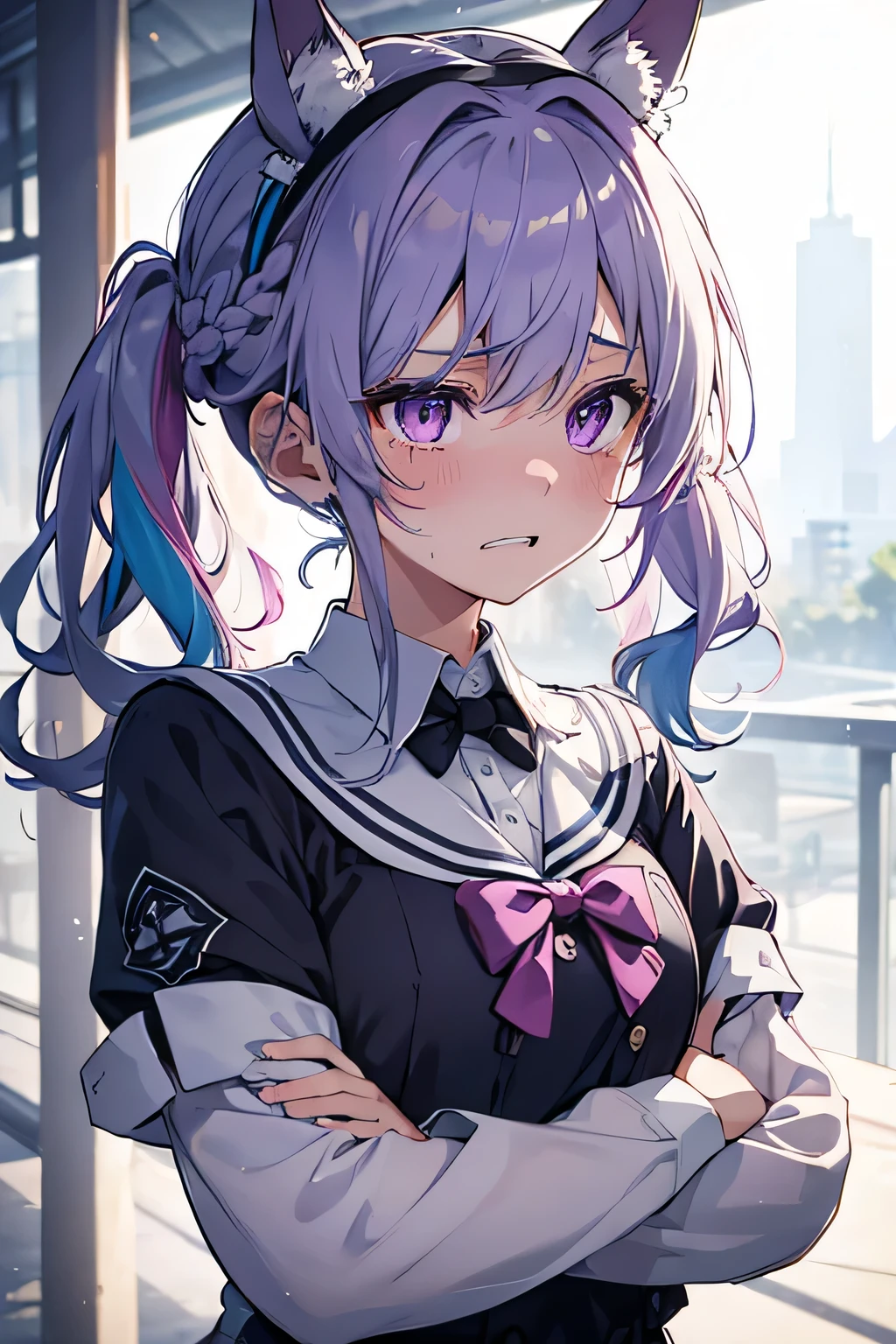 1girl,bangs,solo,sweat,sweatdrop,black_hair,braid,animal_ears,eyebrows_visible_through_hair,blue_hair,short_hair,looking_at_viewer,scared,tears,white_hair,school_uniform,long_sleeves,hairband,hair_between_eyes,purple_eyes,shirt,upper_body,short_sleeves,bow,bowtie,grey_hair,multicolored_hair,pink_eyes,teeth,french_braid,two-tone_hair,sailor_collar,clenched_teeth,shaded_face,crying,crying_with_eyes_open,crossed_arms,horse_ears,horse_girl,white_bow,twitter_username,purple_bow,sketch,puffy_short_sleeves,puffy_sleeves,purple_background,purple_shirt,tearing_up,streaked_hair,turn_pale,winter_uniform,tracen_school_uniform,horseshoe_ornament,sailor_shirt