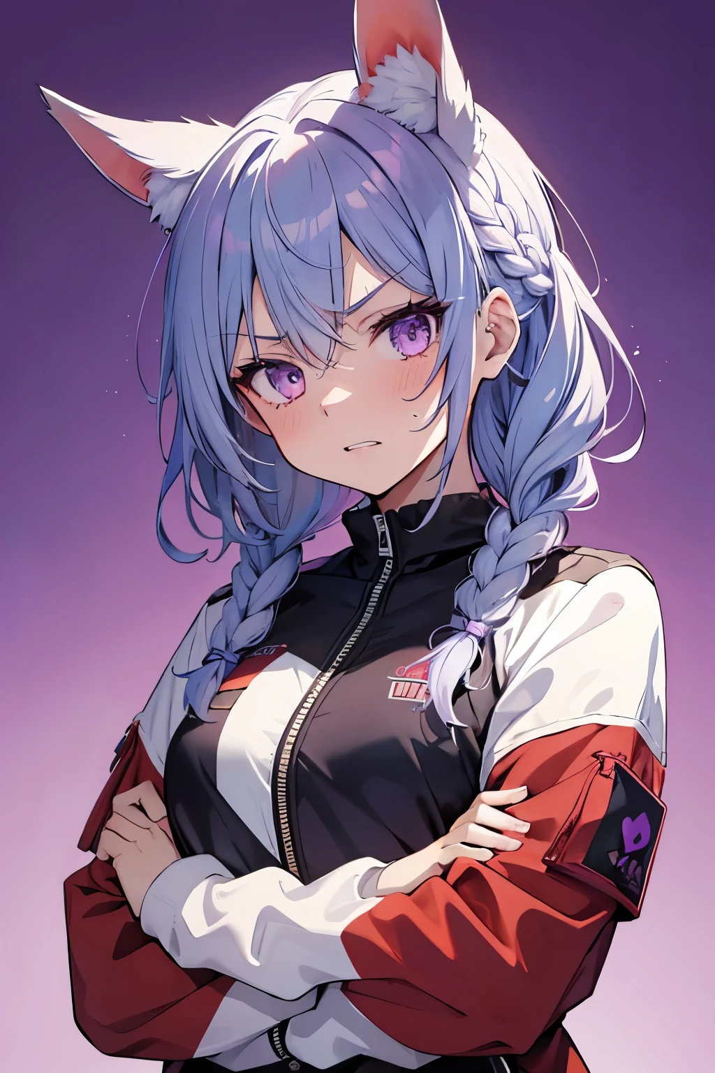 1girl,bangs,solo,jacket,simple_background,white_background,sweat,braid,animal_ears,eyebrows_visible_through_hair,blue_hair,short_hair,white_hair,long_sleeves,purple_eyes,upper_body,multicolored_hair,teeth,angry,anger_vein,two-tone_hair,clenched_teeth,shaded_face,crossed_arms,horse_ears,horse_girl,sweating_profusely,red_jacket,purple_background,chibi,gradient,gradient_background,track_jacket,track_suit,turn_pale,cropped_torso,ear_ornament,grimace