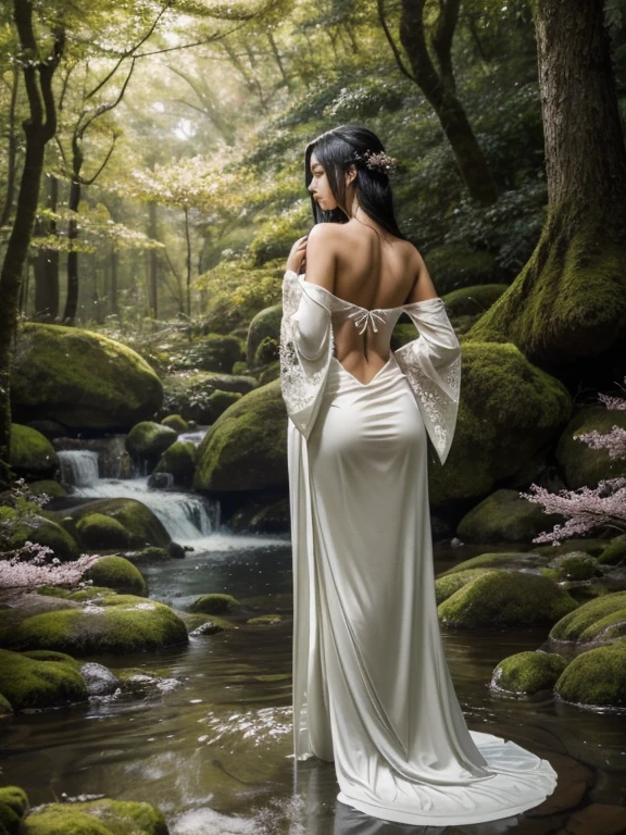 An enchanting forest sanctuary under dappled sunlight filters through lush foliage creating magical patterns on ground below .A japanese goddess -like figure stands gracefully ,her back turned viewer ;long raven-black hair flowing spine intricately detailed traditional japanese tattoos shoulder upper back depicting serene landscapes cherry blossoms koi fish swimming upstream majestic cranes flight symbols strength beauty resilience wearing perfectly tailored red golden gown fitting like second skin accentuating curves slender figure ethereal glow emanating from within high neckline flowing sleeves catching light breeze posture exudes confidence standing barefoot delicate mossy ground enhancing natural elegance front tall handsome deity -like companion appearing partner well-groomed hairstyle neatly trimmed edges sharp features hand resting goddess’s divine form right arm attire crisp white robe draped loosely over muscular frame highlighting regal presence robe flowing freely breeze adding ethereal touch both figures share unspoken connection gaze subtle gestures bond palpable tender moment captured time amidst mystical tranquility forest sanctuary .