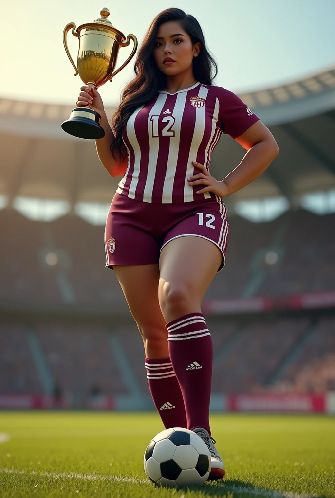 Jennifer Lopez, wearing sexy soccer gear, shirt tied across her chest, holding a ball, standing and posing on the field