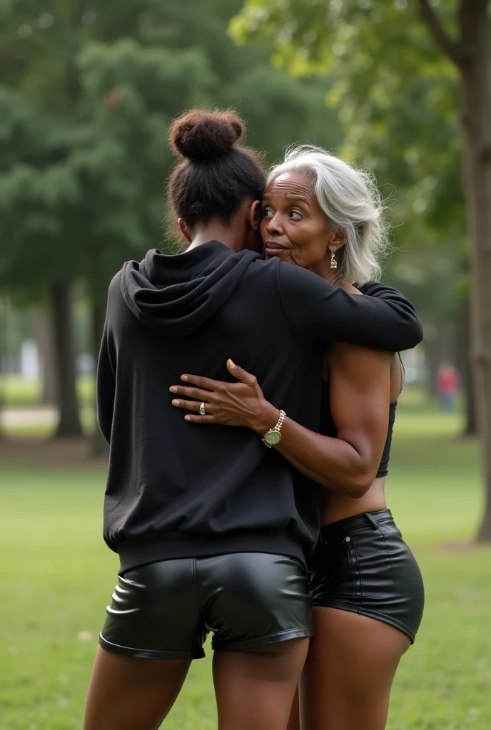 black woman hair in a bun black hoodie black leather short shorts a old grandma in a dress on her knees kissing her ass