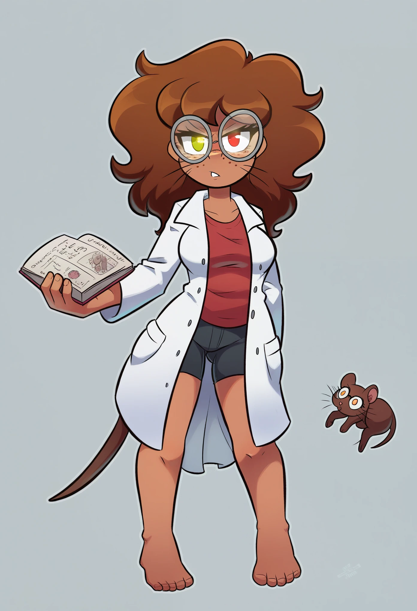 A smart and nerdy, yet cute young woman with dark chocolate brown skin stands confidently while holding a book. She is dressed in a delicate lab coat that drapes over a red undershirt, creating a subtle but vibrant contrast. Her face is framed by soft, slightly wavy hair, and she wears a pair of adorable round glasses, enhancing her intelligent appearance. Her eyes exhibit striking heterochromia, with her left eye being a bright amber and the right eye a deep red. Adding to her unique charm, she has soft, mouse-like ears peeking through her hair, a slender tail playfully swaying behind her, and subtle whiskers on her cheeks. She exudes a vibe of curiosity and intellect, her posture relaxed but engaged, as if she's always ready to dive into her next scientific discovery. detailed face, extremely detailed eyes, masterpiece, 4k, 8k, high-res, ultra-detailed, physically-based rendering, vivid colors, studio lighting cinematic lighting, dramatic lighting, dramatic composition, dynamic pose, volumetric lighting, Nice ass, B-cups, Cute breasts, shapely figure, Serious expression, glowing eyes, barefoot, freckles, Full Body