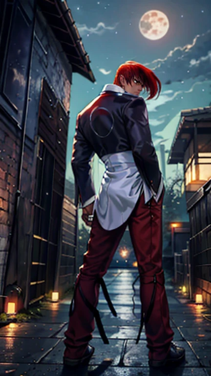 Low angle full body shot, Red-haired man, Long, red eyes, Frowning, Focused gaze, Late Night, Back Alley, Night view, He is looking up at the moon。 ,A sophisticated and mature manga art style, High definition, Highest quality, High resolution, Very detailed, Ultra-fine painting, Extremely delicate, Professional, 完璧なボディProfessionalポーション, Golden Ratio, Anatomically correct, Symmetrical face, Very detailed目と顔], High quality eyes, creativity, RAW Photos, 超High resolution, 32K, Cinematic Lighting, masterpiece-anatomy-perfect, masterpiece:1.5