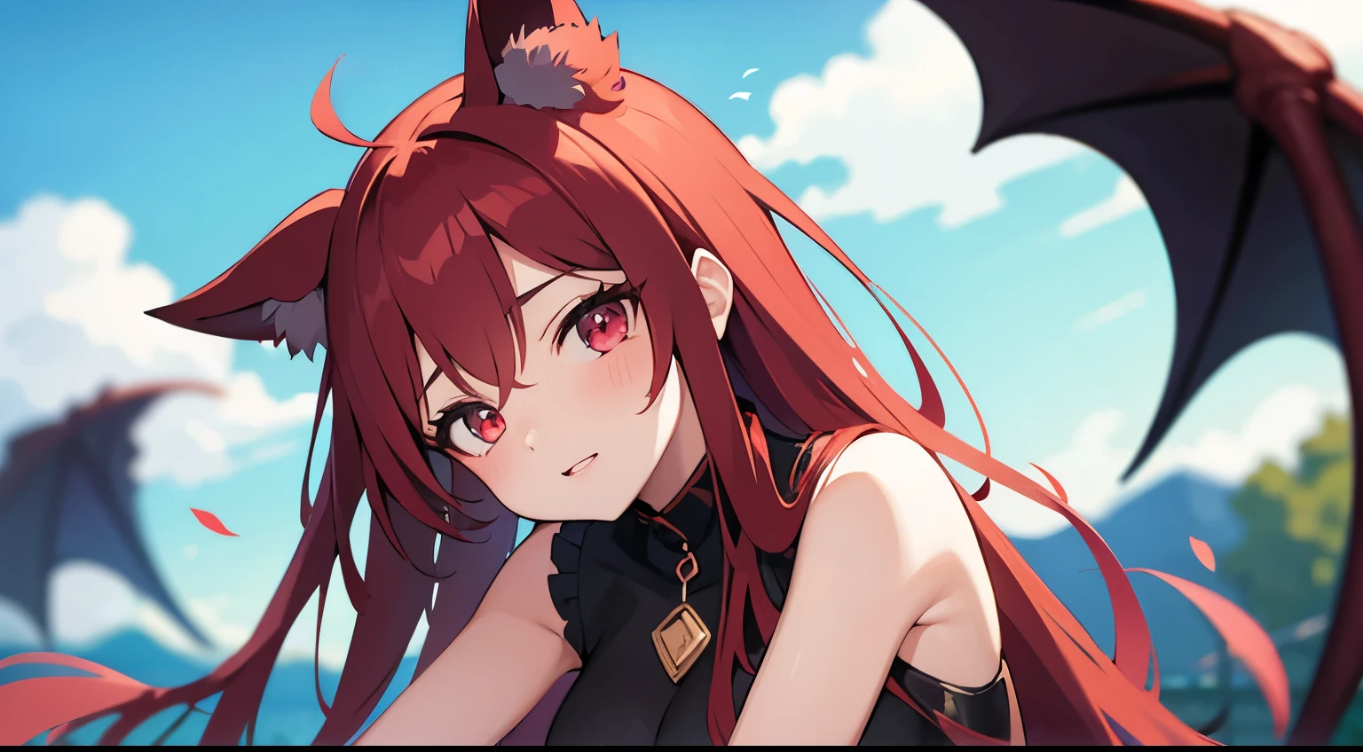 girl, demon, red hair, pig tails, car back seat, (sly smile), (biting lip), digitigrade legs, claws