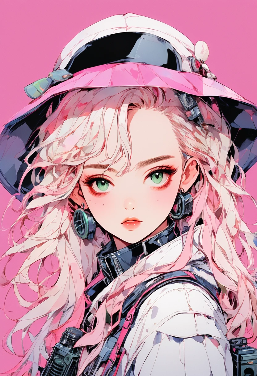 (Highest quality:0.8), (Highest quality:0.8), The whole body is painted.Perfect illustration,Beautiful woman portrait、One girl, bangs, Black nails, blondes,  [[clavicle, ear Earrwgs, Earrwgs, Fashion G, Hydrangea hair accessory,  Jacket, jewelry, lookwg at wiewer, Medium Hair, Manicure, necklace, Earrwgs, short hair, Hydrangea Earrwgs、Hydrangea Pendant, sleewes past wrists, One person, Both sides up, Upper Body, w, Pop Background、Droopy eyes、Celebrity Hat、Pwk gradient hair color、rawy season、buzzer、Full Length, ((Illustrator)), Flat Color, Anime Style, Sketch, Space, Spacesuit, 1girl, Shiny Lip, Jersey Wear, Order, Very Modern and Stylish Asymmetrical Hair, Purple ((Gradient)) Background, Neon Hair, Texture Crop, ( masterpiece, top quality), portrait, ((dynamic angle)), close up girl, looking awaysolo, 1girl(fluffy white clothes, rabbit ear, long white hair, chibi, full body), BREAK,(8k, wallpaper of quality(8k, wallpaper of extremely detailed CG unit, masterpiece, hight resolution, top-quality, top-quality real texture skin, ultra-real,high quality,RAW photo,highest quality,high definition,wallpaper,cinematic lighting,ray tracing,golden ratio,3D Game Animation,cyberpunk pretty face sniper with machine gun,pink and green hair,full body,holding rifle,casual clothes,all neon,fashion,holding machine gun in both hands,AI big breasts holding gun, AI big breasts, , cyberpunk game, high detail, art station, 8k, bright lighting, very beautiful face, fighting Translated with DeepL.featuring (free version)(masterpiece, highest quality), 32K,(highly detailed beautiful woman), posters,sf,1960s,1970s,Bauhaus, shape, abstract, Advertisement,movie posters, vintage,retro,futuristic,アニメ,ultimate map,Perfect rainbow,highlight,highly detailed eyes,