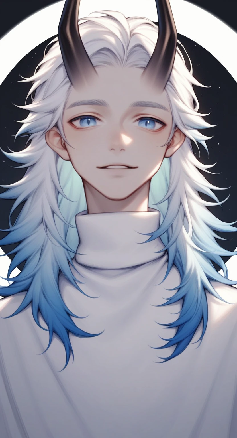 image of a man, 1 Boy, Dragon, Dragon Horn, Male focus, alone, (monster boy), sharp eyes, Light blue eyes, (crane plum:1.0), (direction:1.0), Cold expression, Shut up, Raise eyebrows, Gentle look, handsome face, young, (long hair, white hair, blue gradient hair), fair skin, (wear clothes, white turtleneck), soft light, Clarity, saturated color, masterpiece, best quality, High resolution, Super detailed, black background,