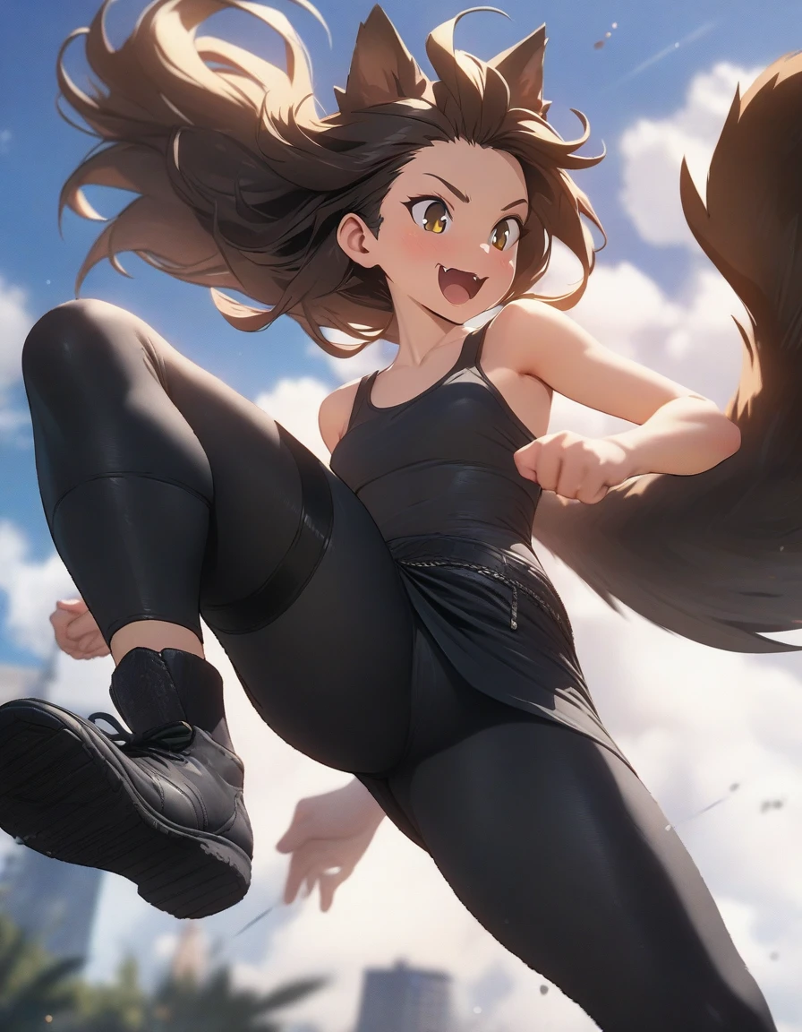 (super detail, high details, best quality, highres, uhd, 16K, masterpiece:1.2, Highest quality:1.25), Wolf Girl, Bushy tail, Beast Face:0.85, Short Spats, Tank tops, Flying kick, Dynamic Movement:1.5