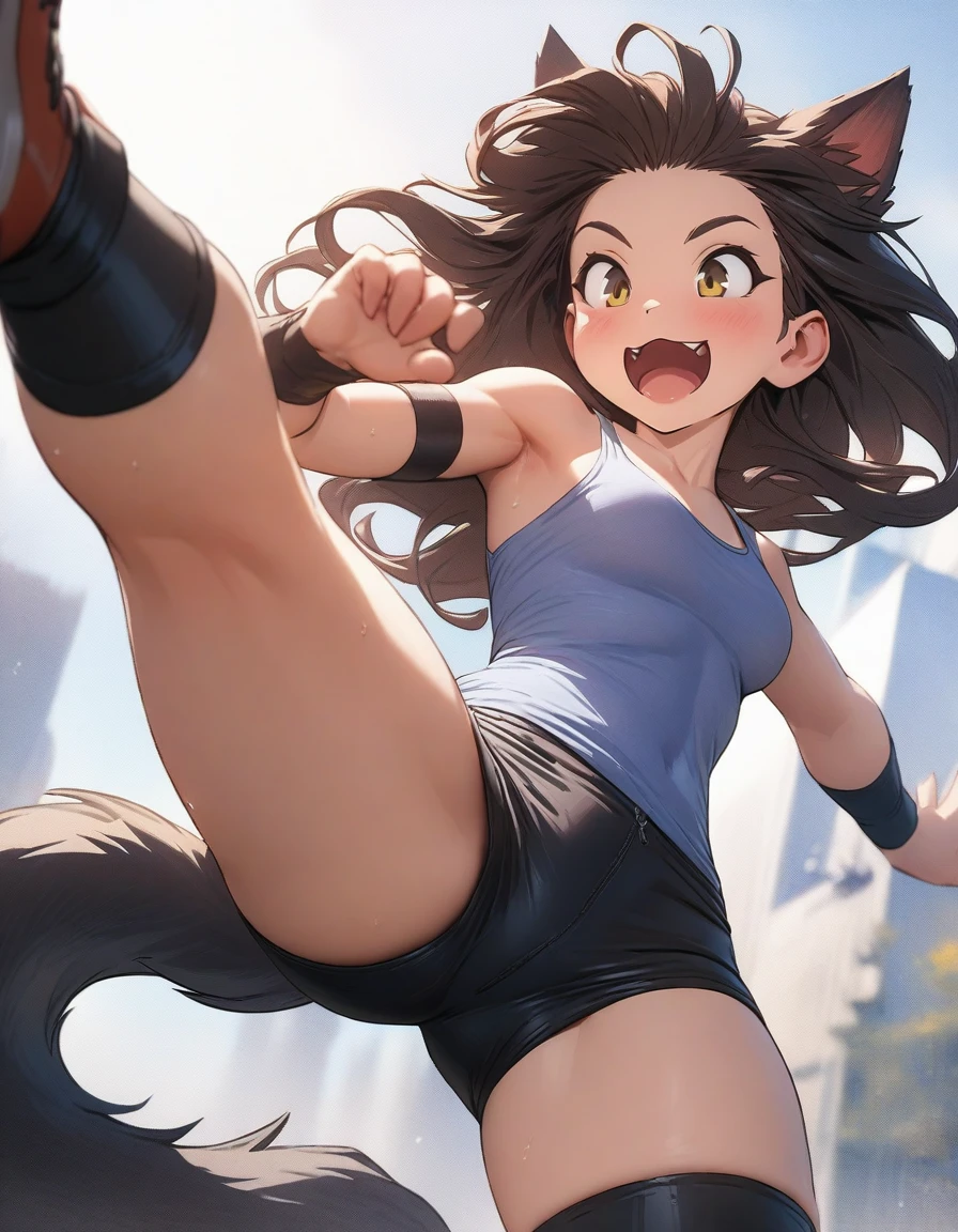 (super detail, high details, best quality, highres, uhd, 16K, masterpiece:1.2, Highest quality:1.25), Wolf Girl, Bushy tail, Beast Face:0.85, Short Spats, Tank tops, Flying kick, Dynamic Movement:1.5