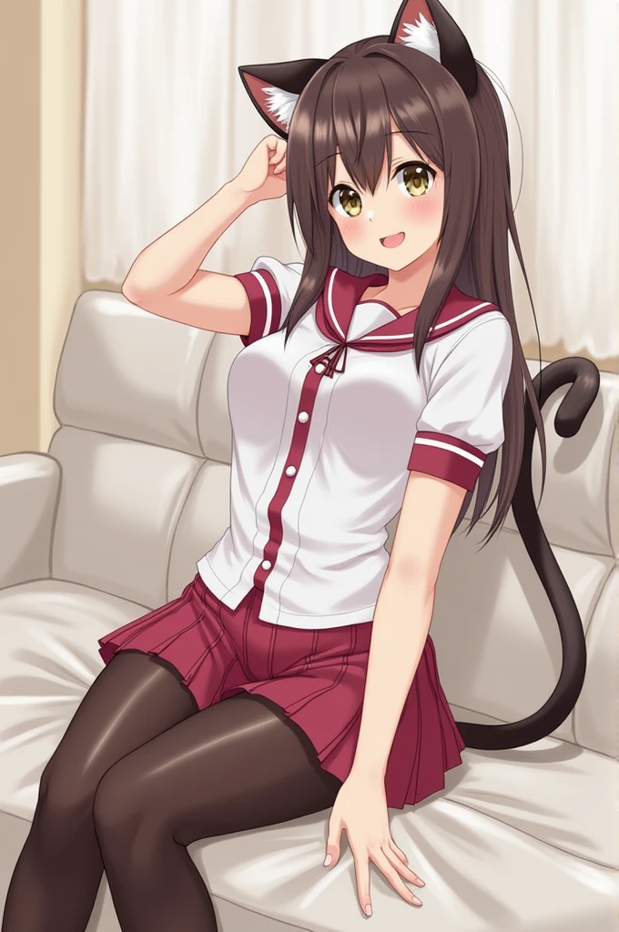 (character focus:1.2), cowboy shot, from behind, looking back, (square eyes, very big eyes:1.2), beautiful detailed eyes, BREAK, (blush smile:1.5), 1milf, solo, sanae furukawa, long hair, brown hair, brown eyes, antenna hair, medium breasts, brown diamond sweater vest, panties under pantyhose, cameltoe, nsfw, (collar:1.3), (crawl on all fours, on bed:1.4), (indoors, dark love hotel interior:1.3), (night:1.4), nsfw, (half-closed eyes:1.2), (open mouth, tongue out:1.2), (vulgarity:1.4), (aroused:1.4), (steam:1.3), (wet:0.8), (trembling:1.3), (girl trembling with sexual climax:1.3), (tears:0.8), (drooling:1.3), (sweat:1.3), (female orgasm:1.2), (pussy juice stain), score_9, score_8_up, score_7_up, score_6_up, score_5_up, score_4_up, (hyper extreme detailed), (masterpiece), (hyper extreme), game CG, (colour:1.3), (in kyoto animation style:1.2)