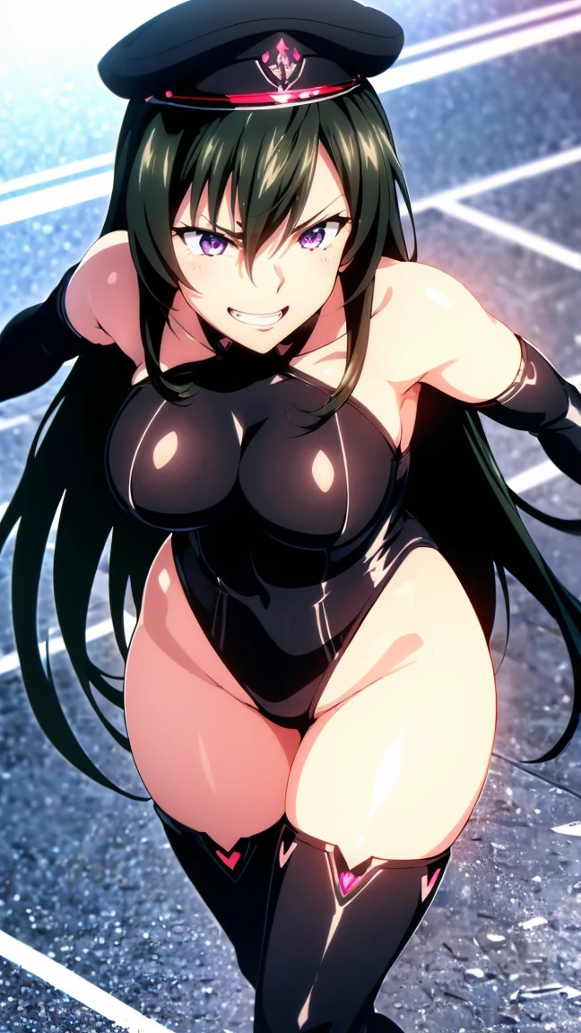 beautiful, masterpiece, ultra detailed, extremely detailed, ultra high res, 8k, beautiful detailed face, anime screencap, heart shaped face woman, (black hair:1.2), long hair, hair between eyes, large breasts, fearless face, sharp face, slant eyes, cat eyes, 170cm tall, adult, perfect proportion, (((black high-leg leotard))), (((bare shoulder))), cleavage, (((thigh boots))), choker, (((military cap))), anime style, ultra detailed beautiful face and eyes, front view, raw phot, incredibly absurdres, Beautiful portrait of cute anime girls, super fine illustration, full-hd, hdr, best aesthetic, distinct, exquisite, masterwork, by famous artist, highers, (((perfect anatomy))), mocking, (((rape face))), (((evil grin))), intense eyes, sadistic, gleaming skin, oil skin, slut face, full-face blush, smirking, mischievous grin, furrowed mouth, both legs, pouty lips, downturned corners, rosy hue, grin widely, cheeky smirk, (((bad-tempered glare))), gloating, crazy smile, scary face, cruel smile, fang, connected teeth,, (((elbow gloves))), (((big connected teeth)), glare, grimace, smirk, (((scowling face))), smile broadly, symmetrical eyes, even eyes, perfect eyes, (((squinting eyes))), deep detailed eyes, shiny clothes, 1girl, solo, smug, smile grimly, (((dimpled smile))), pink eyes, (((upper body shot and standing))), (((laugh))), (((pleasure face))), (((brutality face))), (((scary face))), (((fang))), shiny hair, chubby breasts, light eyes, clear eyes, shiny eyes, 