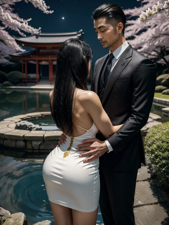 A captivating scene unfolds in a serene Japanese garden under a clear, moonlit sky. A Japanese woman stands gracefully, her back turned to the viewer. Her long, raven-black hair flows down her spine, framing intricate traditional Japanese tattoos that cover her shoulders and upper back. The tattoos depict a serene landscape of cherry blossoms, koi fish swimming upstream, and majestic cranes in flight—symbols of strength, beauty, and resilience. She wears a perfectly tailored red and golden dress that fits her tight like a second skin, accentuating every curve of her slender figure. The dress has a high neckline and elegant cap sleeves, with a subtle sheen that catches the moonlight as she moves. Her posture is confident as she stands on sleek black stiletto heels that elongate her legs. In front of her stands a tall Japanese man wIn an opulent ballroom bathed in soft ambient lighting from crystal chandeliers hanging above ,a japanese woman stands gracefully ,her back turned viewer ;long raven-black hair flowing spine intricately detailed traditional japanese tattoos shoulder upper back depicting serene landscapes cherry blossoms koi fish swimming upstream majestic cranes flight symbols strength beauty resilience wearing perfectly tailored red golden dress fitting second skin accentuating curves slender figure beautiful booty tight dress high neckline elegant cap sleeves subtle sheen catching light moving posture confident standing sleek black stiletto heels elongating legs front tall handsome japanese man appearing boyfriend well-groomed hairstyle neatly trimmed edges sharp features hand resting woman’s sexy big booty ass right arm attire crisp black suit tailored perfection broad shoulders athletic build jacket impeccably fitted trousers hugging legs elegantly white dress shirt adding contrast modern sophisticated look sans tie couple shares unspoken connection gaze subtle gestures bond palpable tender moment captured time amidst grandeur elegance ballroom affair .