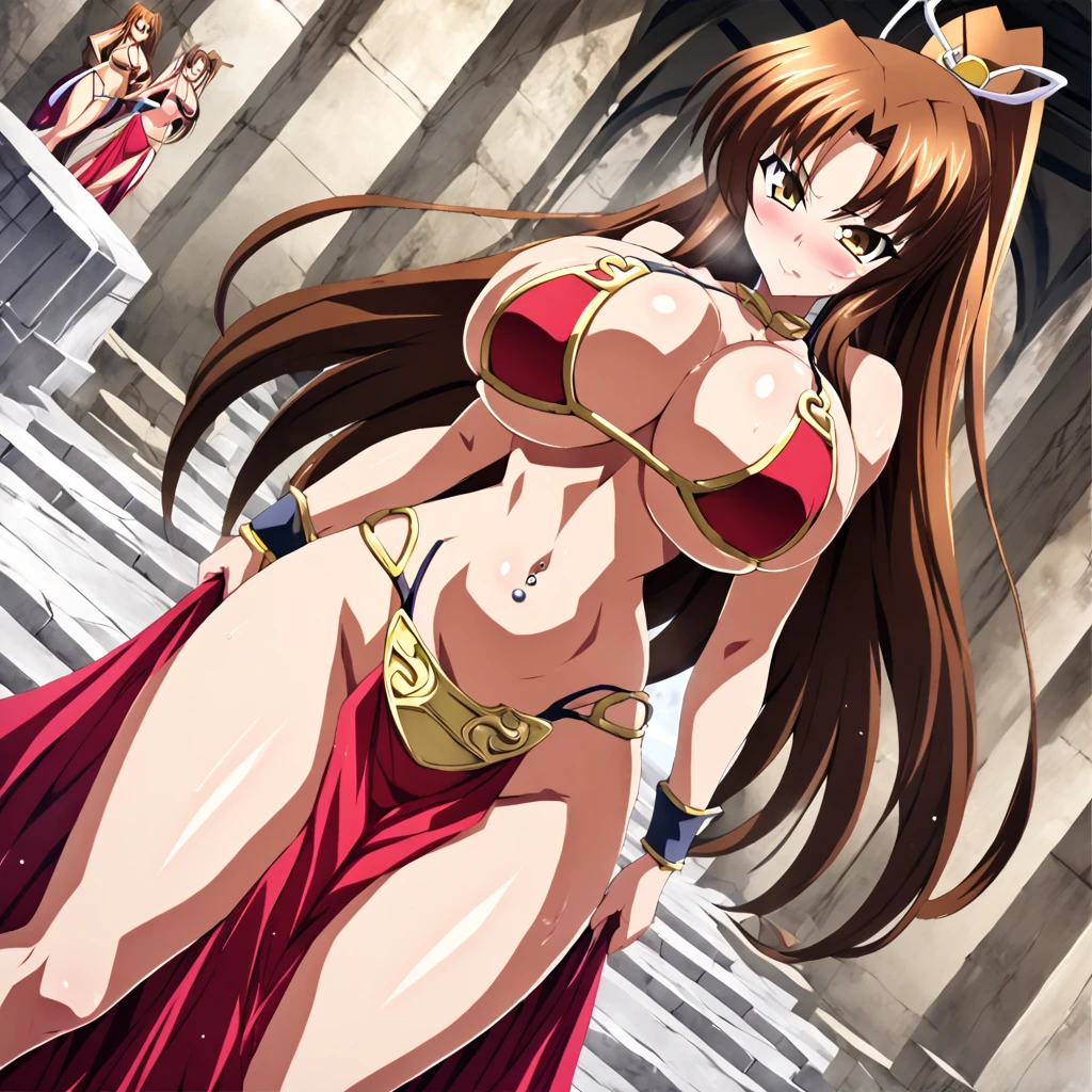  score_9, score_8_up, score_7_up, source_anime, best quality, solo, clear face, mai shiranui, long hair, huge breasts, perfect body, looking at viewer, sex slave, slave bikini, palace, standing, dynamic angle, high leg thong, big ass, wide hips, navel piercing, pelvic curtain, brown hair