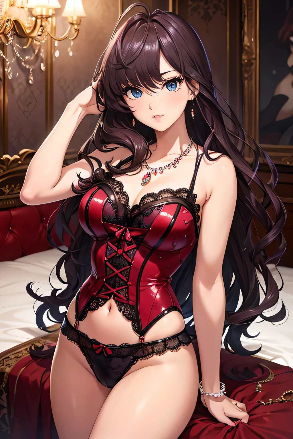 2D Anime, nsfw, absurdres, masterpiece, best quality, newest, hyper detailed, intricate, beautiful, aesthetic, sexy and erotic yet elegant lingerie advertisement, fashion magazine cover,
1girl, solo, cute , middle chest, (long hair, eyelashes:1.1), jewel-like eyes, eye glitter, beautiful eyes,（Bedroom:1.5）、
seductive smile,
thick thighs,
red see-through sexy lingerie, lace, skindentation, (steam, steaming body, shiny skin:1.1),
earrings, necklace, bracelet, accessory, jewelry, 
depth of field, blurry background, HDR, (lens flare, bloom light:1.1), cinematic composition, cinematic lighting, (light particles, glitter:1.1),
bewitching, voluptuous, fascinating, alluring, enticing,
looking at viewer,
confident pose, hair flip, hand in own hair