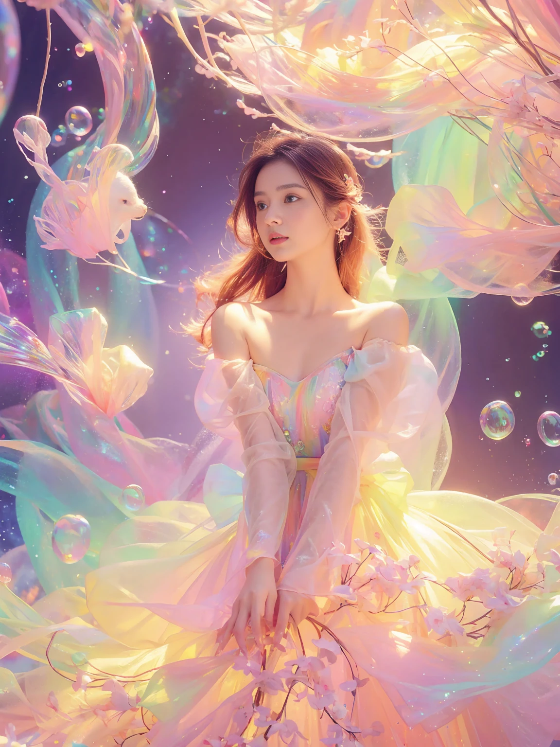 masterpiece, Highest quality, Intricate details, Excellent anatomy、beautiful girl, Sparkling eyes, Otherworldly liquid fantasy background, watercolor, Bright and vibrant colors, Whimsical, colorful, Layered tiered puffy long sleeve ball gown, ((Rainbow bubbles))