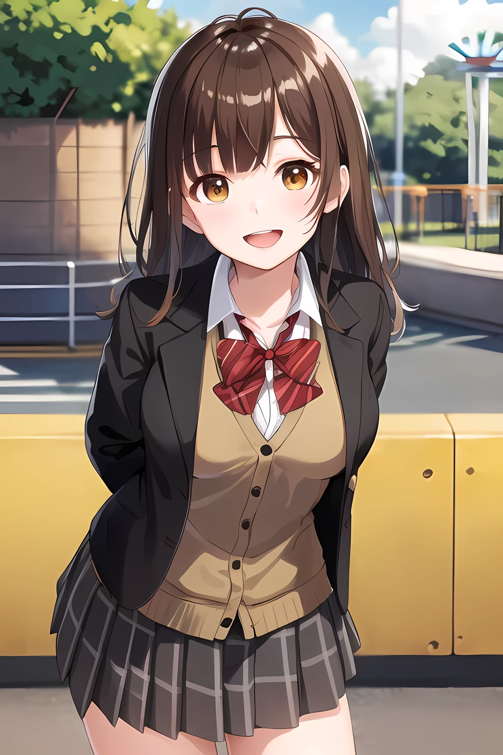 masterpiece, best quality, highres, 1girl, brown hair, long hair, bangs, brown eyes, medium breasts, red bowtie, school uniform, black jacket, open jacket, brown cardigan, white shirt, black skirt, plaid skirt, smile, open mouth, arms behind back, leaning forward, amusement park,