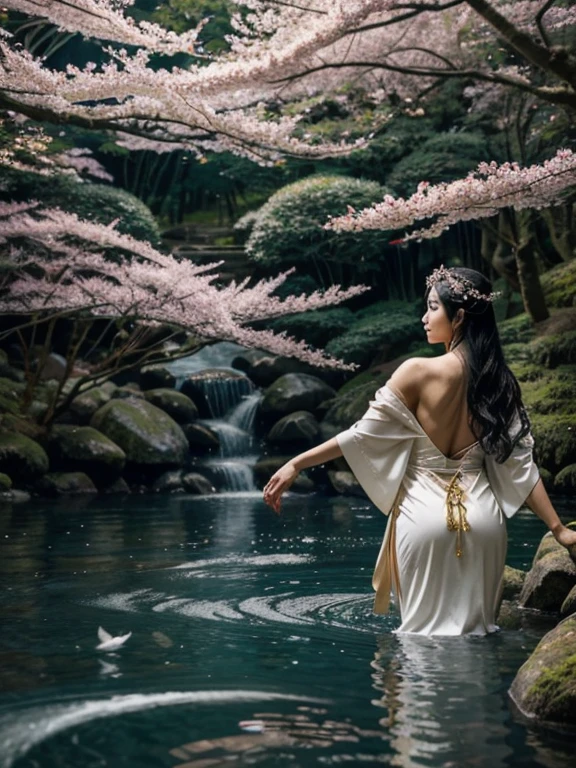 A captivating scene unfolds in a serene Japanese garden under a clear, moonlit sky. A Japanese woman stands gracefully, her back turned to the viewer. Her long, raven-black hair flows down her spine, framing intricate traditional Japanese tattoos that cover her shoulders and upper back. The tattoos depict a serene landscape of cherry blossoms, koi fish swimming upstream, and majestic cranes in flight—symbols of strength, beauty, and resilience. She wears a perfectly tailored red and golden dress that fits her tight like a second skin, accentuating every curve of her slender figure. The dress has a high neckline and elegant cap sleeves, with a subtle sheen that catches the moonlight as she moves. Her posture is confident as she stands on sleek black stiletto heels that elongate her legs. In front of her stands a tall JapaAn enchanting forest sanctuary under dappled sunlight filters through lush foliage creating magical patterns on ground below .A japanese goddess -like figure stands gracefully ,her back turned viewer ;long raven-black hair flowing spine intricately detailed traditional japanese tattoos shoulder upper back depicting serene landscapes cherry blossoms koi fish swimming upstream majestic cranes flight symbols strength beauty resilience wearing perfectly tailored red golden gown fitting like second skin accentuating curves slender figure ethereal glow emanating from within high neckline flowing sleeves catching light breeze posture exudes confidence standing barefoot delicate mossy ground enhancing natural elegance front tall handsome deity -like companion appearing partner well-groomed hairstyle neatly trimmed edges sharp features hand resting goddess’s divine form right arm attire crisp white robe draped loosely over muscular frame highlighting regal presence robe flowing freely breeze adding ethereal touch both figures share unspoken connection gaze subtle gestures bond palpable tender moment captured time amidst mystical tranquility forest sanctuary .