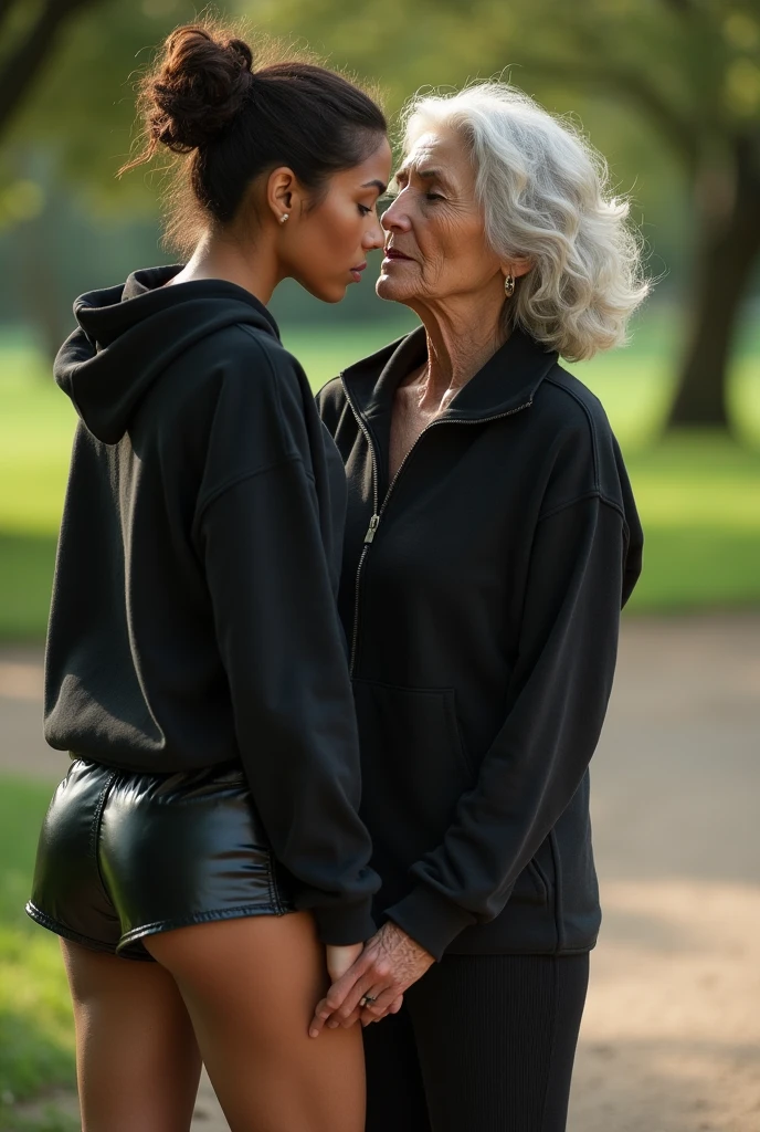 black woman hair in a bun black hoodie black leather short shorts bending over getting fucked in the ass by a old ugly woman in a dress in a park