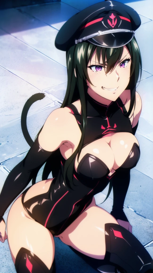 beautiful, masterpiece, ultra detailed, extremely detailed, ultra high res, 8k, beautiful detailed face, anime screencap, heart shaped face woman, (black hair:1.2), long hair, hair between eyes, large breasts, fearless face, sharp face, slant eyes, cat eyes, 170cm tall, adult, perfect proportion, (((black high-leg leotard))), (((bare shoulder))), cleavage, (((thigh boots))), choker, (((military cap))), anime style, ultra detailed beautiful face and eyes, front view, raw phot, incredibly absurdres, Beautiful portrait of cute anime girls, super fine illustration, full-hd, hdr, best aesthetic, distinct, exquisite, masterwork, by famous artist, highers, (((perfect anatomy))), mocking, (((rape face))), (((evil grin))), intense eyes, sadistic, gleaming skin, oil skin, slut face, full-face blush, smirking, mischievous grin, furrowed mouth, both legs, pouty lips, downturned corners, rosy hue, grin widely, cheeky smirk, (((bad-tempered glare))), gloating, crazy smile, scary face, cruel smile, fang, connected teeth,, (((elbow gloves))), (((big connected teeth)), glare, grimace, smirk, (((scowling face))), smile broadly, symmetrical eyes, even eyes, perfect eyes, (((squinting eyes))), deep detailed eyes, shiny clothes, 1girl, solo, smug, smile grimly, (((dimpled smile))), pink eyes, (((upper body shot and standing))), (((laugh))), (((pleasure face))), (((brutality face))), (((scary face))), (((fang))), shiny hair, chubby breasts, light eyes, clear eyes, shiny eyes,