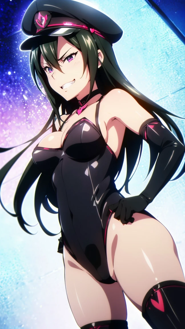 beautiful, masterpiece, ultra detailed, extremely detailed, ultra high res, 8k, beautiful detailed face, anime screencap, heart shaped face woman, (black hair:1.2), long hair, hair between eyes, large breasts, fearless face, sharp face, slant eyes, cat eyes, 170cm tall, adult, perfect proportion, (((black high-leg leotard))), (((bare shoulder))), cleavage, (((thigh boots))), choker, (((military cap))), anime style, ultra detailed beautiful face and eyes, front view, raw phot, incredibly absurdres, Beautiful portrait of cute anime girls, super fine illustration, full-hd, hdr, best aesthetic, distinct, exquisite, masterwork, by famous artist, highers, (((perfect anatomy))), mocking, (((rape face))), (((evil grin))), intense eyes, sadistic, gleaming skin, oil skin, slut face, full-face blush, smirking, mischievous grin, furrowed mouth, both legs, pouty lips, downturned corners, rosy hue, grin widely, cheeky smirk, (((bad-tempered glare))), gloating, crazy smile, scary face, cruel smile, fang, connected teeth,, (((elbow gloves))), (((big connected teeth)), glare, grimace, smirk, (((scowling face))), smile broadly, symmetrical eyes, even eyes, perfect eyes, (((squinting eyes))), deep detailed eyes, shiny clothes, 1girl, solo, smug, smile grimly, (((dimpled smile))), pink eyes, (((upper body shot and standing))), (((laugh))), (((pleasure face))), (((brutality face))), (((scary face))), (((fang))), shiny hair, chubby breasts, light eyes, clear eyes, shiny eyes,