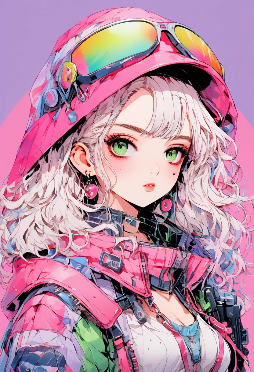 (Highest quality:0.8), (Highest quality:0.8), Perfect illustration,Beautiful woman portrait、One girl, bangs, Black nails, blondes,  [[clavicle, ear Earrwgs, Earrwgs, Fashion G, Hydrangea hair accessory,  Jacket, jewelry, lookwg at wiewer, Medium Hair, Manicure, necklace, Earrwgs, short hair, Hydrangea Earrwgs、Hydrangea Pendant, sleewes past wrists, One person, Both sides up, Upper Body, w, Pop Background、Droopy eyes、Celebrity Hat、Pwk gradient hair color、rawy season、buzzer、Full Length, ((Illustrator)), Flat Color, Anime Style, Sketch, Space, Spacesuit, 1girl, Shiny Lip, Jersey Wear, Order, Very Modern and Stylish Asymmetrical Hair, Purple ((Gradient)) Background, Neon Hair, Texture Crop, ( masterpiece, top quality), portrait, ((dynamic angle)), close up girl, looking awaysolo, 1girl(fluffy white clothes, rabbit ear, long white hair, chibi, full body), BREAK,(8k, wallpaper of quality(8k, wallpaper of extremely detailed CG unit, masterpiece, hight resolution, top-quality, top-quality real texture skin, ultra-real,high quality,RAW photo,highest quality,high definition,wallpaper,cinematic lighting,ray tracing,golden ratio,3D Game Animation,cyberpunk pretty face sniper with machine gun,pink and green hair,full body,holding rifle,casual clothes,all neon,fashion,holding machine gun in both hands,AI big breasts holding gun, AI big breasts, , cyberpunk game, high detail, art station, 8k, bright lighting, very beautiful face, fighting Translated with DeepL.featuring (free version)(masterpiece, highest quality), 32K,(highly detailed beautiful woman), posters,sf,1960s,1970s,Bauhaus, shape, abstract, Advertisement,movie posters, vintage,retro,futuristic,アニメ,ultimate map,Perfect rainbow,highlight,highly detailed eyes,