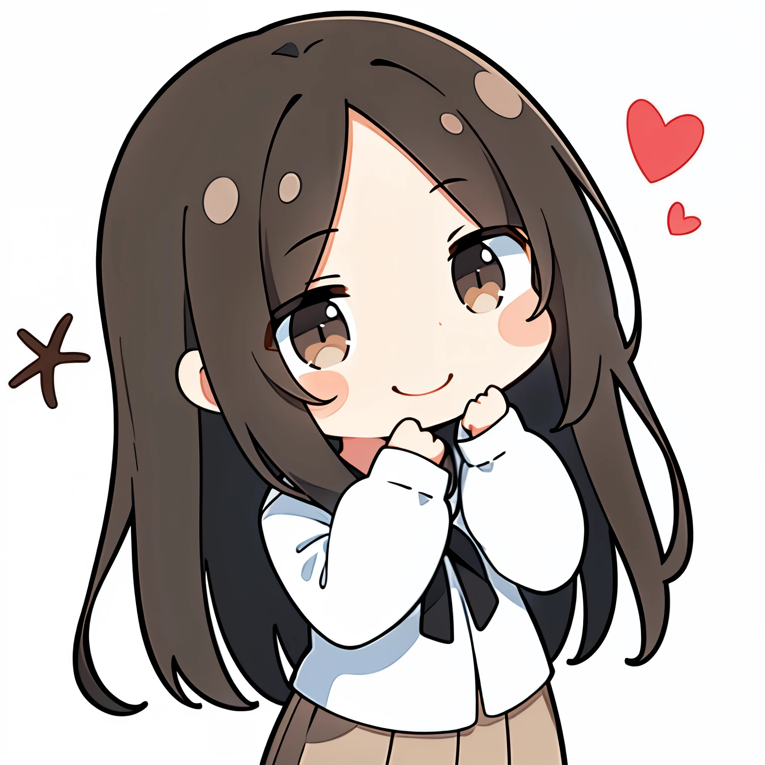 Cover your mouth with your hands、Make your eyes sparkle、smile、、Dark brown hair color、Forehead、middle parted bangs、Forehead、Forehead、、Ultra-high resolution, Long bangs tucked behind the ears、Foreheadだしのセンターパートの前髪、Foreheadだし、Forehead、Central parting bangs、Best aesthetics, amount、Medium hair bangs、The depiction of the feet is of the highest quality., Hold your stomach, a bit character Detective Keira Rexanne Giles, She has long black hair parted in the middle, Grey Eyes, With a smile, お腹を抱えてsmile、 White Background, White shirt、Long denim、 Flat avatar, Cute girl anime visuals, Cute art style, a bit, Anime Style, Long Hair, Simple Background, , Large oval eyes,あなたのamountが見えます