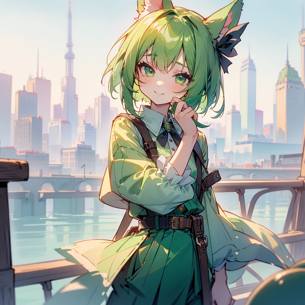 (long Green rabbit ears), green animal ears, (1 girl), green hair, green eyes, bob cut, thin eyebrows, smiling, young, alone, Lolita, childhood, , short, overall, coat, red hood, wide pants, harness, fingerless globe, belt, waist pouch, in the city, tiny,y faceacademia, cel anime, upper body, half body photo足をフレーム外へ, 足をフレーム外へ, 