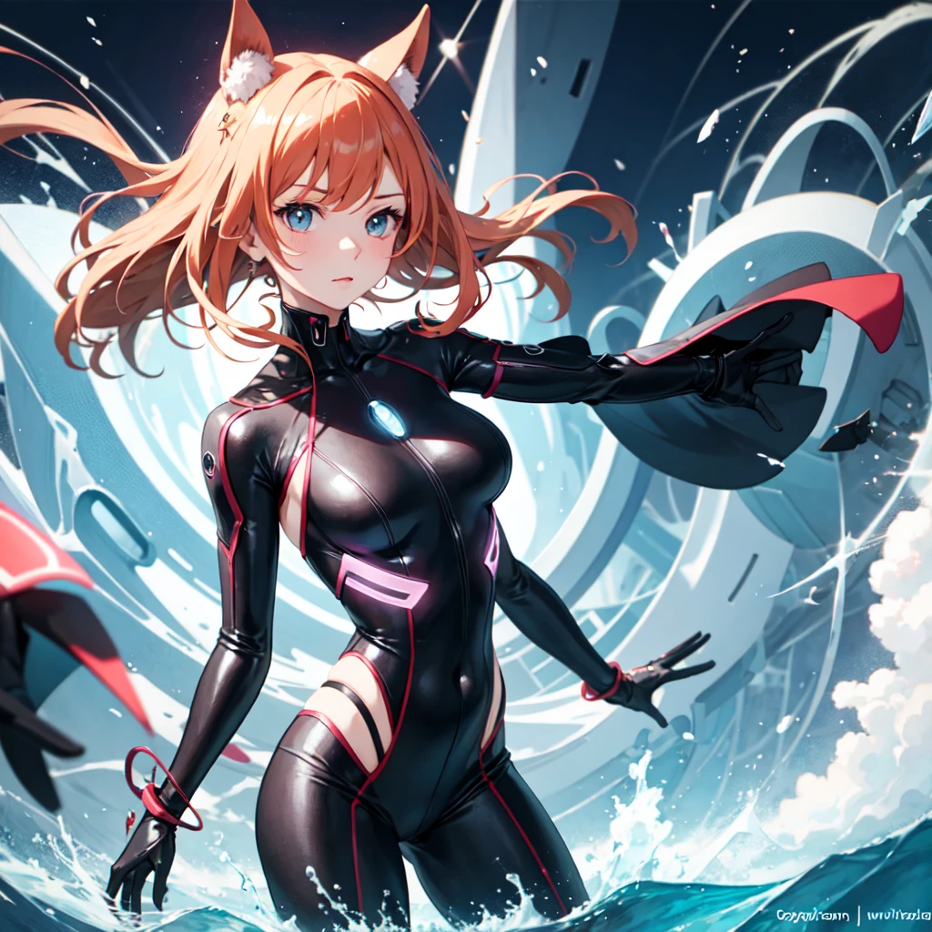 1 female、Orange hair、huge tit、Big ass、Black catsuit、yellow  eyes、thick and large thighs,、Short Bob、under the water
