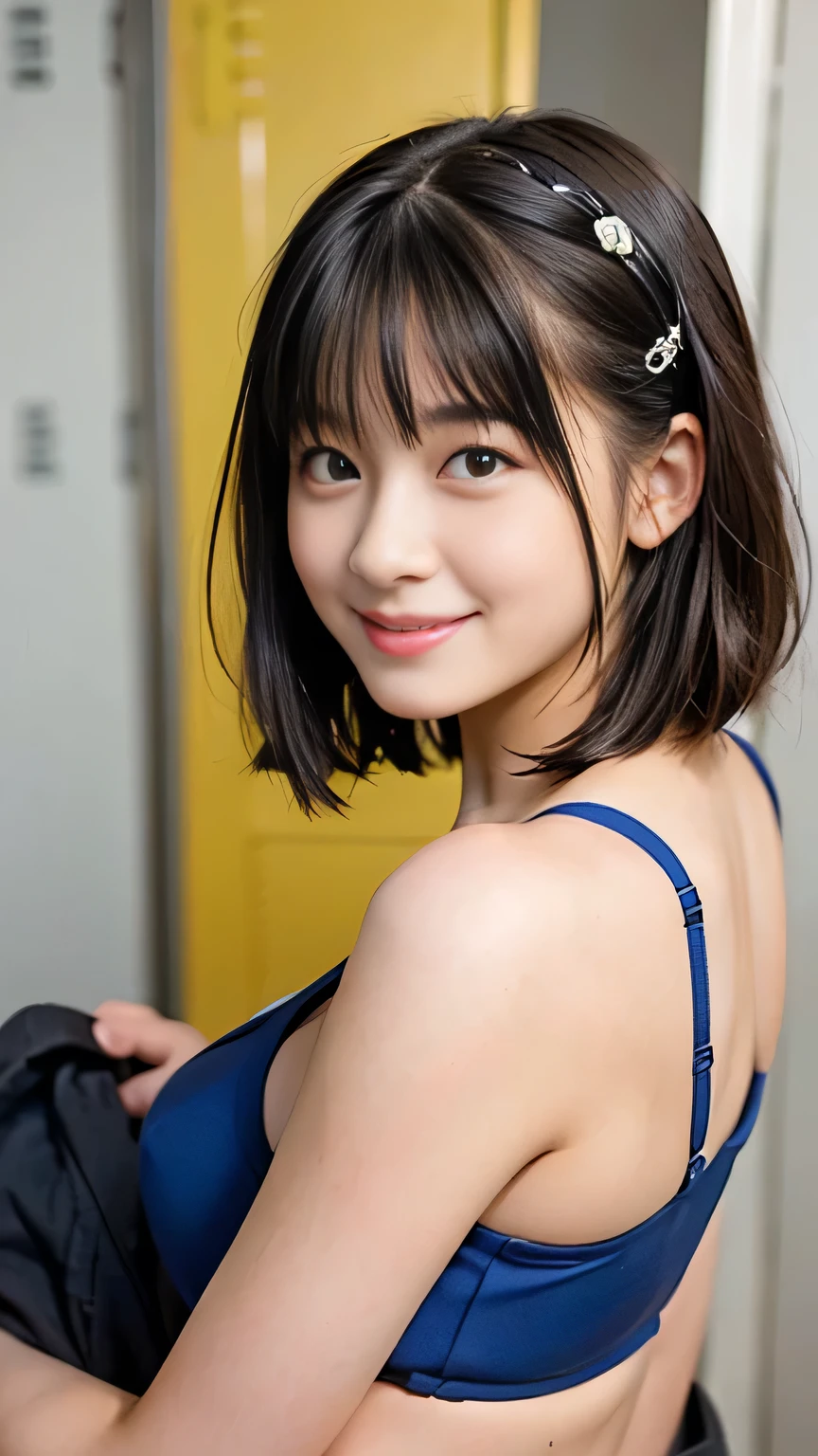 Highest quality,8k,High resolution,extremely difficult、younger sister、bangs,,smile,Black Hair,Long hair curled inwards,small胸、(Smart elementary school student:1.3)small、Eye-catching lingerie、Twin tails or short hair、hair accessory、Baby Face、Full body image、Indoors as much as possible、Not bad、Gu-par Exposure、news、Happy、cute、Bra required、panties、(Locker Room)、A relaxed smile、white、Balance is key、In a bra、smileでリラックス、Childish figure、The kids、Active appearance and pose、Showing exposure、