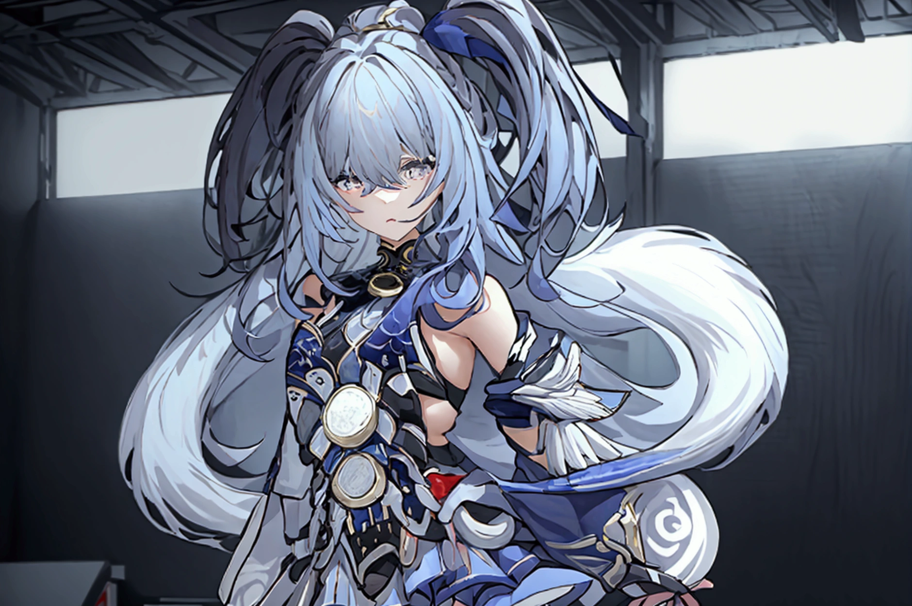 Blue and white hair girl，Wearing a thick white coat，Large collar，Black underwear，Purple eyes，Industrial style clothes，From the first match，From the Ark of Tomorrow，Blue strap decoration，bust，Half-button coat，High ponytail don，small，One person，白いHalf-button coat，Mature Girls，Black pleated skirt