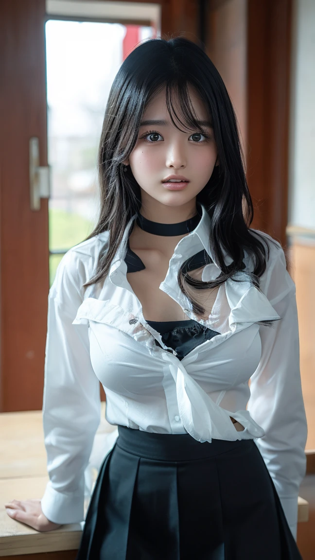 (rain:1.2)、(storm:1.2)、Wet clothes、Cowboy Shot、1 girl、Medium breast、Black Hair、Long Hair、White blouse、Black Skirt、Black Pantyhose、cry、tears、Standing on the street、See through、Spread your legs、I can see her panties、Angle from below、 (Flirtingly lifting her skirt to show her panties:1.3), nsfw, (breast squeeze:1.3), (leaning forward:1.3), (hands on knees:1.3),(from above),seductively posing on all fours on a bed, looking up flirtatiously
