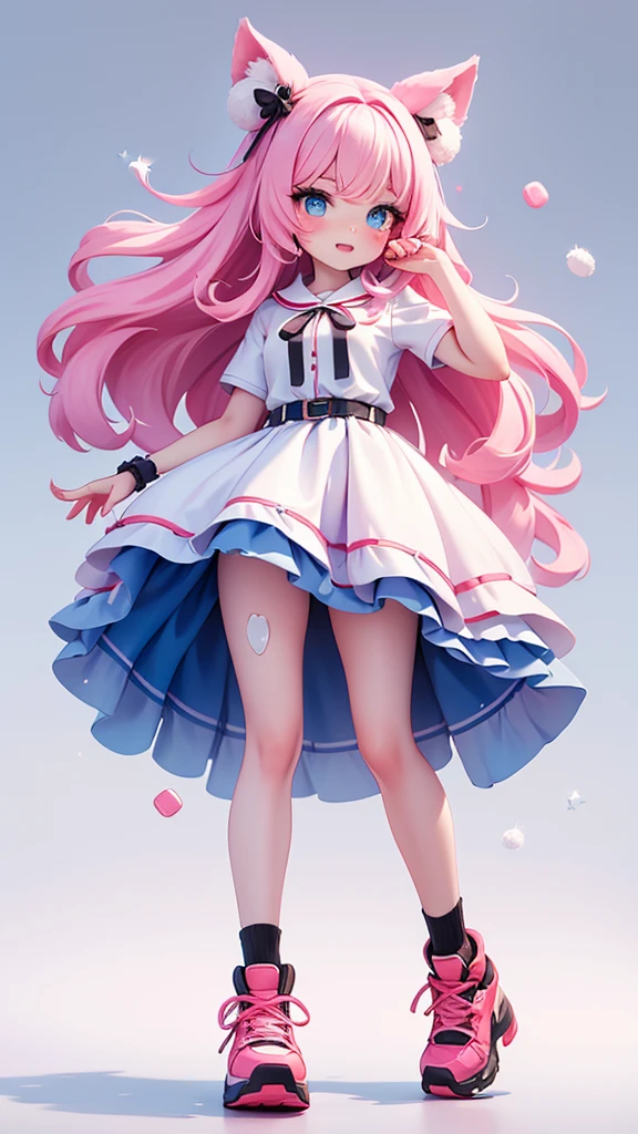 Mulher jovem com idade de 21 anos, fada, cores claras e vibrantes, roupas brilhantes e compostas, asas transparentes e vibrantes atras das costas, long, flowing pink hair, rosto angelical e sorridente, fantastico, fantasia, flores brilhantes ao redor, pequenas luzes ao redor