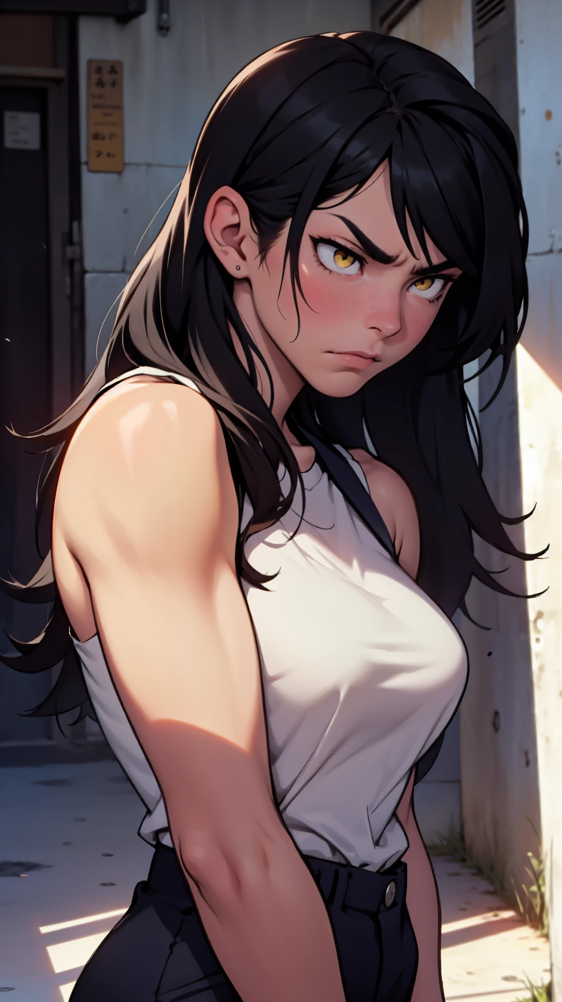 muscular girl breasts black hair yellow eyes pale skin sad girl