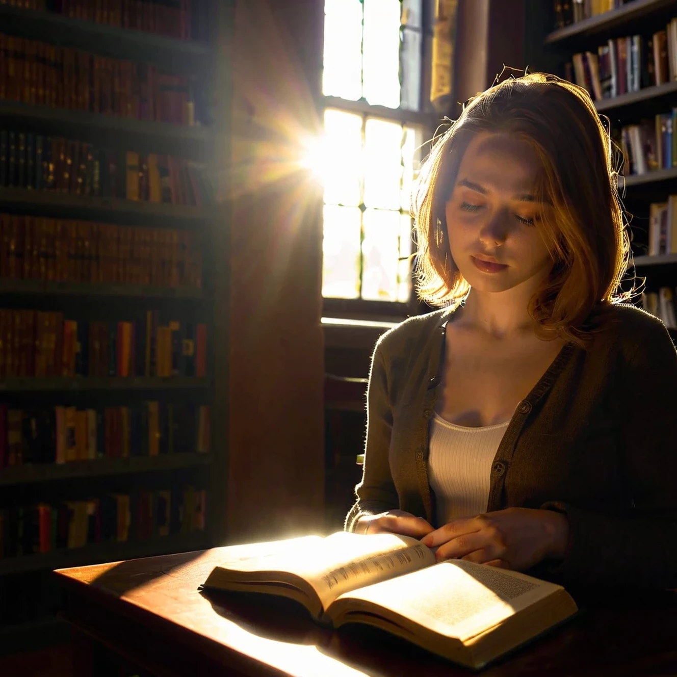 1 person in a library, studying, realistic, detailed facial features, intense concentration, mesmerized by book, warm lighting, cozy atmosphere, elegant bookshelves, sunlight streaming through windows, highly detailed, photorealistic, 8k, sharp focus, vivid colors, studio lighting, cinematic framing