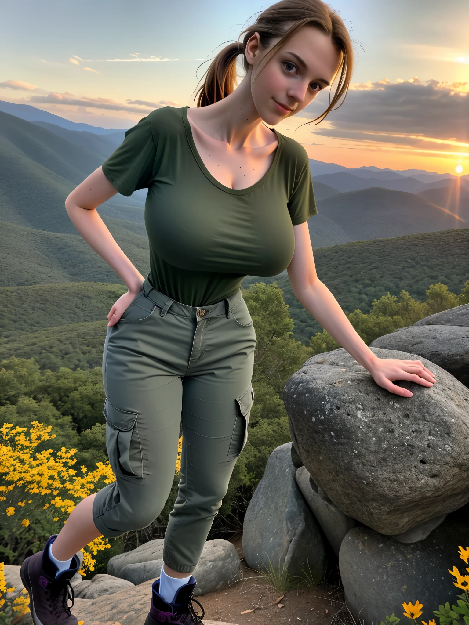 ((Tir lointain)) blonde influencer with long, naturally wavy hair, yeux verts, sexually, large , the mountain, gym look élégant et moderne, relaxant, leisurely, extravagant , 8k, extremely detailed, Photorealistic, complicated details, Texture de peau réaliste, realistic hair, texture, Blessed, 8K  UHD, best quality, high resolution, attention aux détails, très large , Tir lointain, large angle
