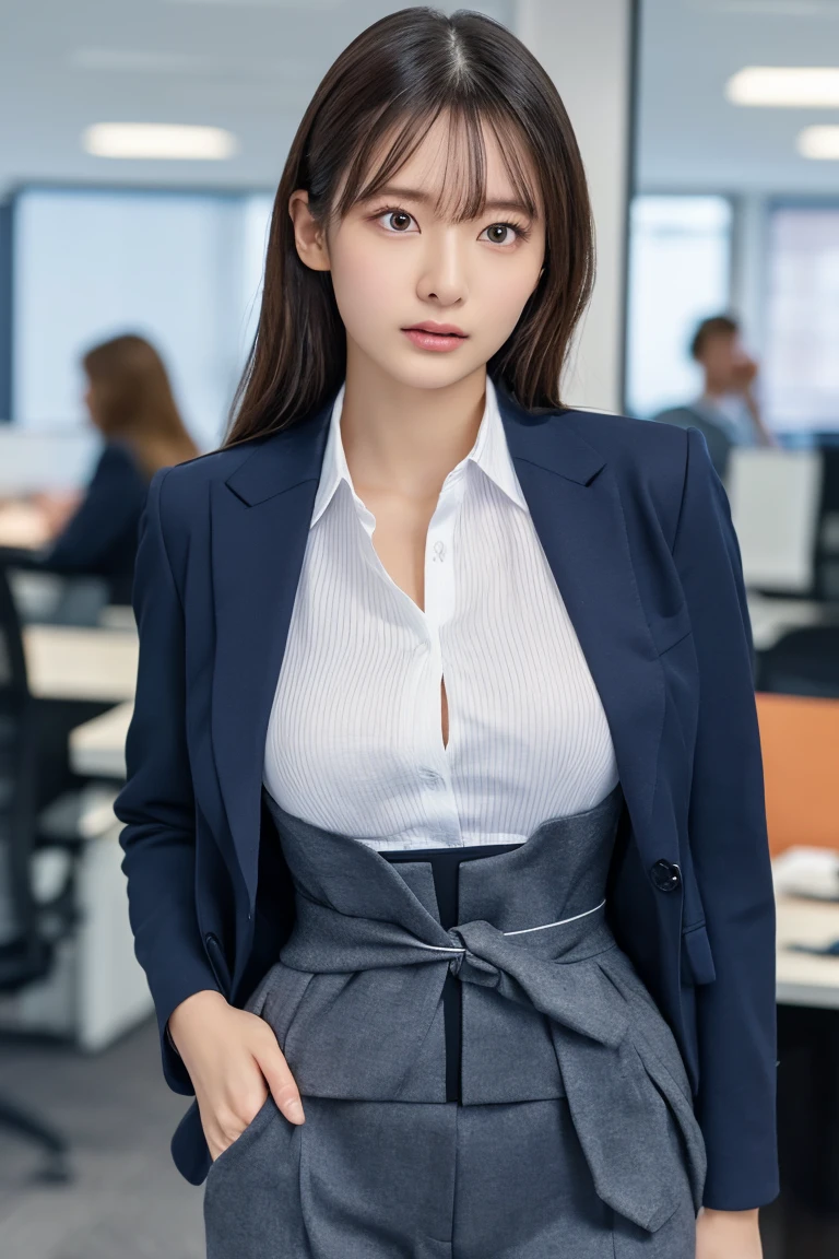 a character in a fitted suit, the sharp lines and tailored fit highlighting their strong, confident posture,(Clothes accentuate the shape of the breasts:1.2),(office casual clothing,slim waist:1.4),Browsing Caution,Highest quality,Ultra-high resolution,1 person,whole body,cool expression,Looking into the camera,Beautiful and elaborate face,Fine and beautiful skin