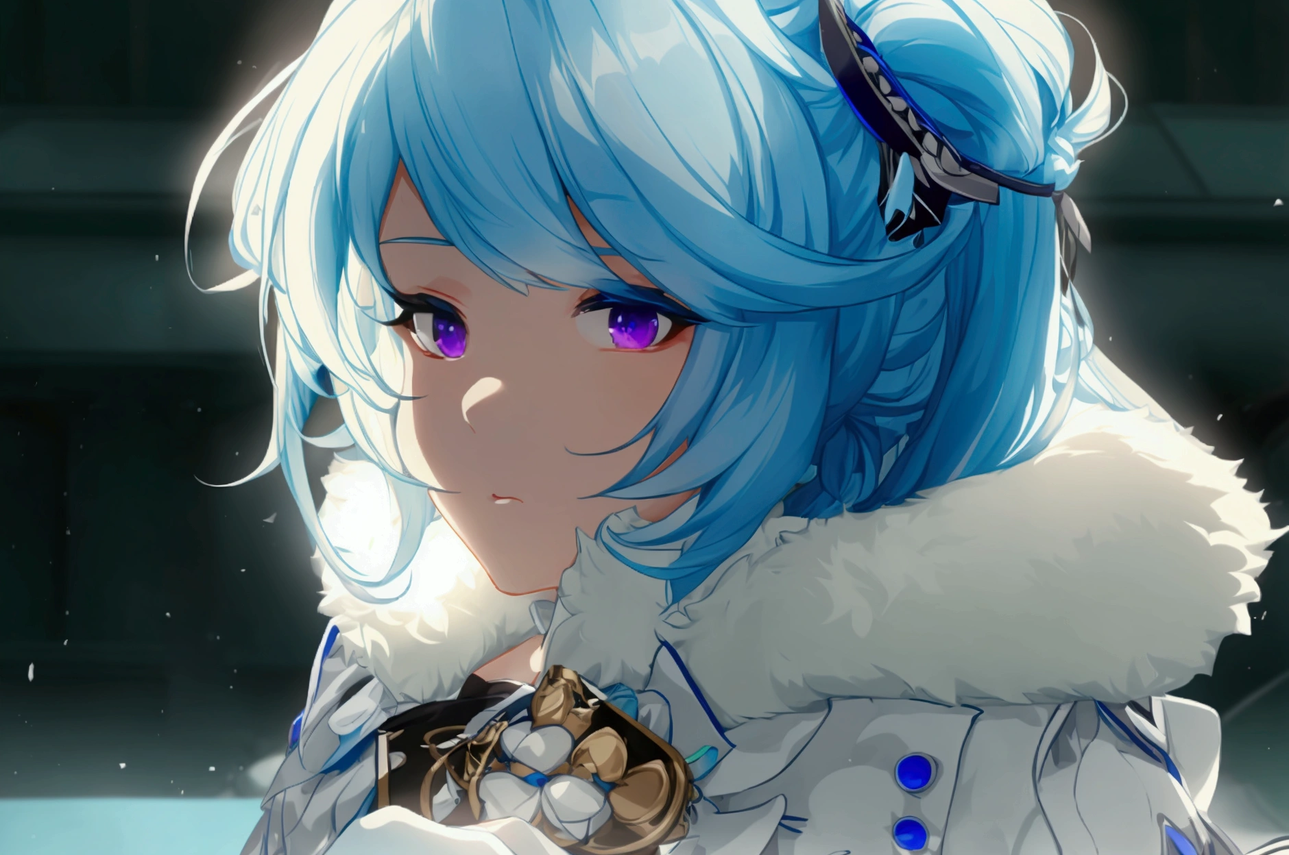 Blue and white hair girl，Wearing a thick white coat，Large collar，Black underwear，Purple eyes，Industrial style clothes，From the first match，From the Ark of Tomorrow，Blue strap decoration，bust，Half-button coat，High ponytail don，small，One person，白いHalf-button coat，Mature Girls，Black pleated skirt