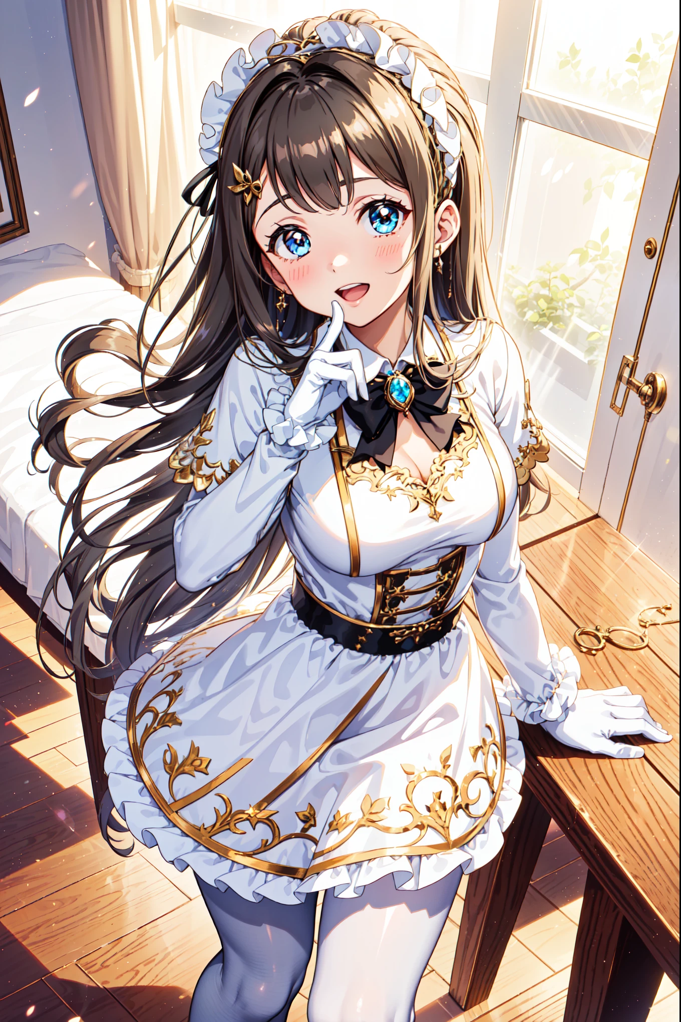 teens girl，seductiv，having fun，Being in love，(Girl wearing white modern shirt and tunic with pantyhose:1.2)，(Black ruffled bow gloves)，whaite hair，Sacred headdress，Transparent lace，exquisite costumes，solo person，European style bedroom，(natta:1.1)，Delicate and beautiful face，