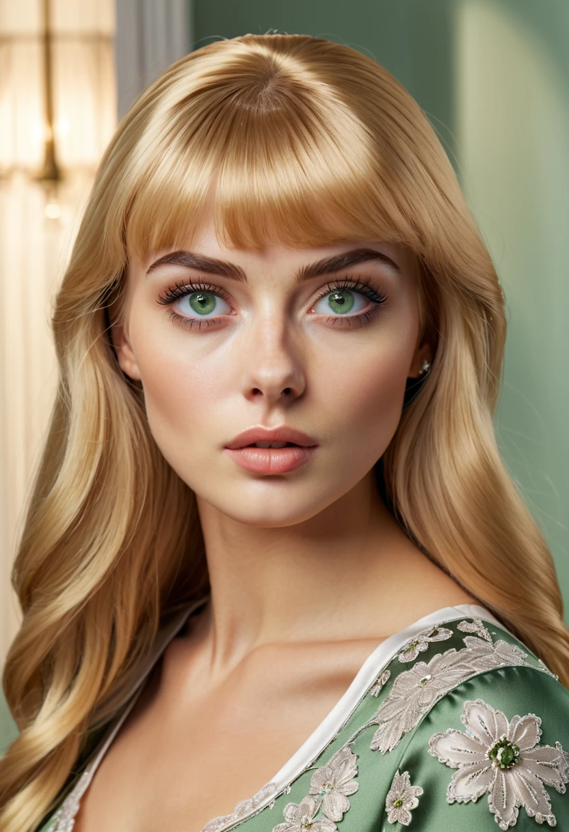 Realism, UHD, masterpiece, accurate, anatomically correct, 16k, best quality, a lady, (blonde) long hair, bangs, alabaster skin, upturned big eyes, (sparkling green eyes), oval face, (straight) thin eyebrows, upturned nose, healthy cheeks, closed mouth, calm,