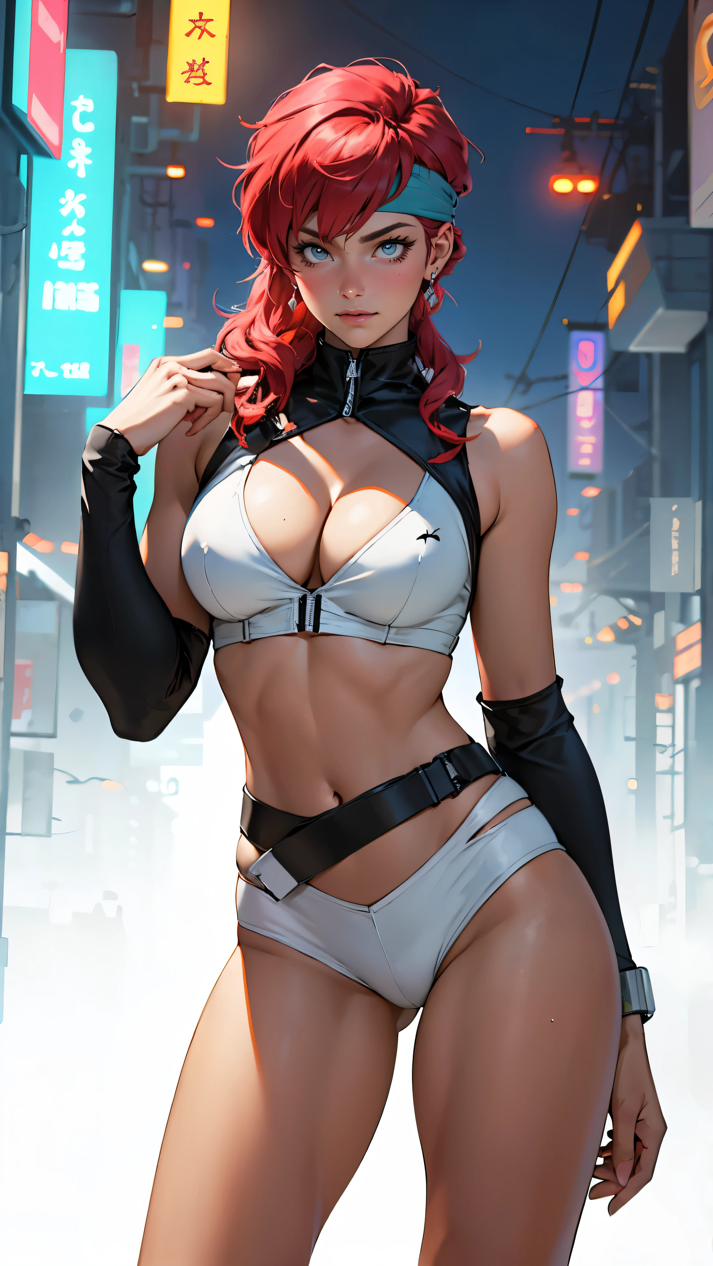 ((Masterpiece, highest quality; 1.3)), super quality, beautiful detail, super detailed, extra fine, 16K, exquisite, absurd, high resolution, beautiful background, detailed background, beautiful eyes, beautiful skin, anime style, Kay from Dirty Pair in a white outfit, tight outfit, cleavage, bushy redhead beauty, very light blue uniform, wearing tight clothes, skimpy, (mid chest: 1.2), cleavage, cleavage, slim waist , thin waist, slim thighs, thin legs, slim legs. thigh gap, showing stomach, skinny, thin hips, cyberpunk city background, holding retro space gun , headband, 