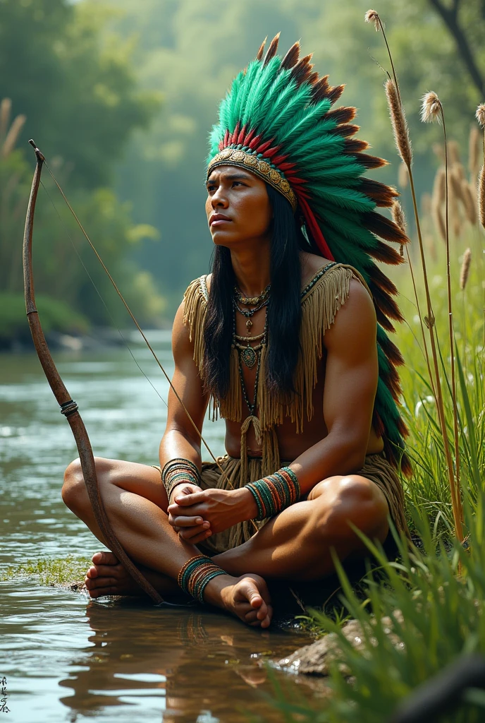 Young indigenous man stands in a dense, tropical forest surrounded by plants. He wears an elaborate headdress made of white feathers. The expression on his face is serene and wise, reflecting his deep connection with nature and ancestral spirits. Sunlight penetrates the treetops, creating a play of shadows and lights around you. smooth face, no beard